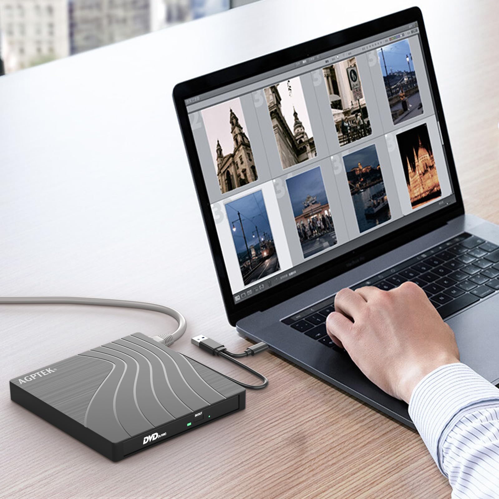 AGPTEK Unità CD/DVD esterna per laptop, lettore/scrittore CD/DVD per laptop, masterizzatore DVD sottile USB 3.0 con adattatore porte USB e slot per schede TF/SD, PC, MacBook, Windows, Linux, Mac OS