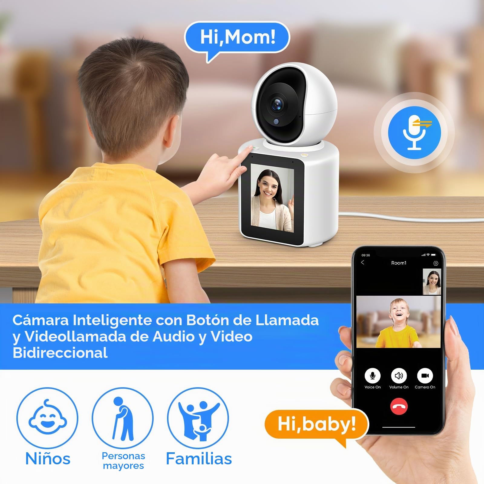 MYPIN Cámara Vigilancia WiFi Interior 360º 2K con Vídeo/Audio Bidireccional | Cámara Vigilancia Bebe/Mascotas, Cámara de Seguridad con Visión Nocturna, Llamada con un Botón, Detección de Movimiento