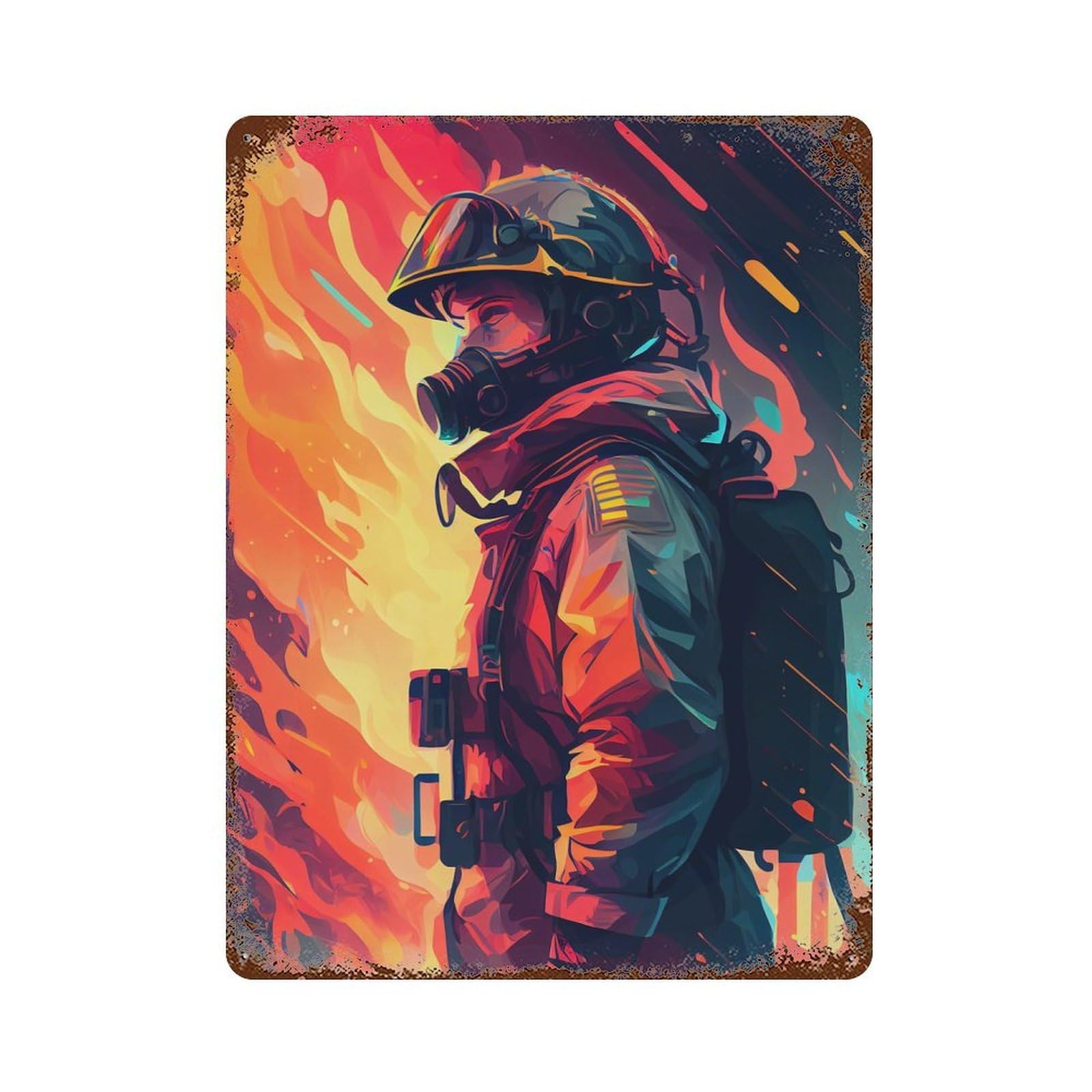 Vintage Rust Metal Sign Firefighter Anime 15.7"x11.8", Novelty Wall Decor for Garage, Bar And Workshop Decor
