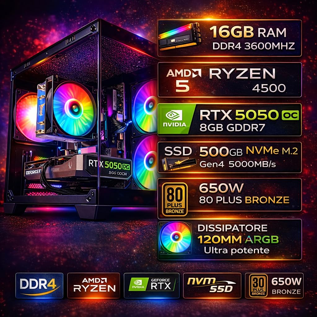 Golook PC Gaming Fisso, R5 4500, RTX 5050 8GB GDDR7, 16GB RAM, 500 GB NVME M.2, WiFi, Ethernet, Computer Fisso 2026