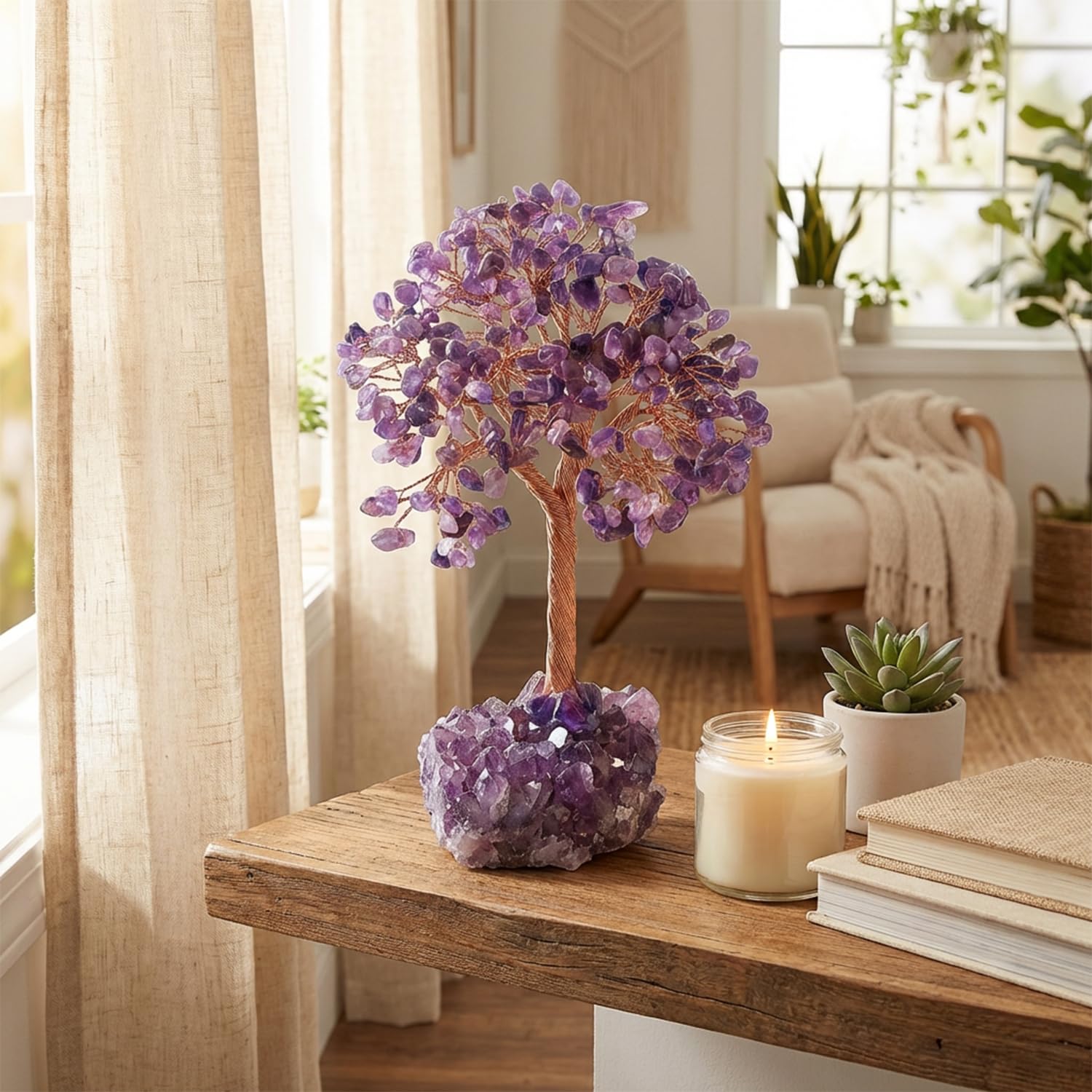 Árbol de la Vida de Amatista Natural - Árbol del Dinero de Cristal Morado para Decoración Zen, Regalo Original de Cumpleaños para Mujer, Piedra de Energía y Accesorios de Escritorio (Amatista)