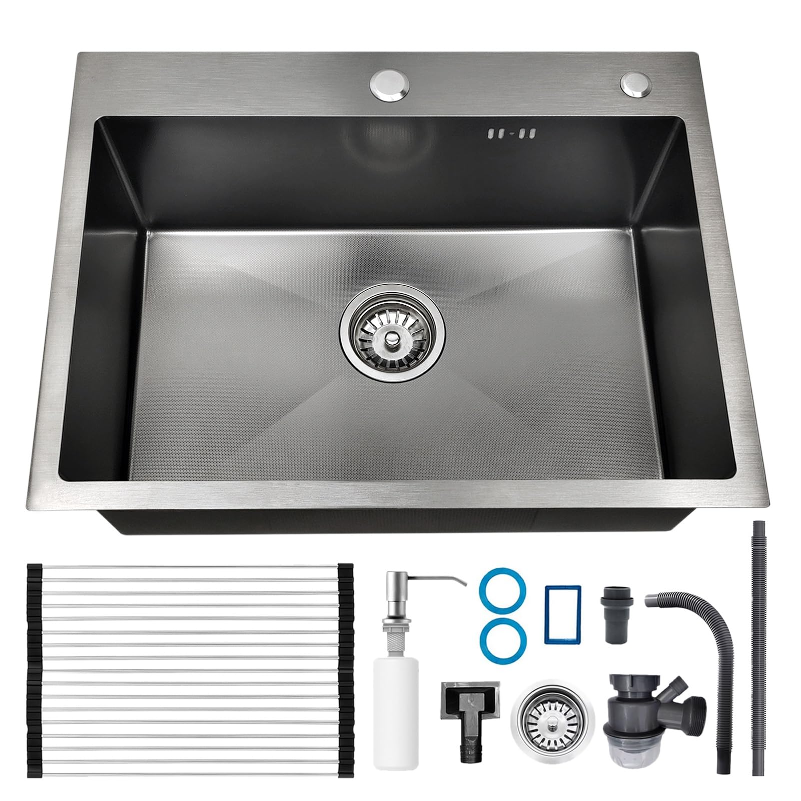 Piccolo lavello da cucina, lavello singolo da bar, con sgocciolatoio, lavello compatto in acciaio inox, con foro per rubinetto, tubo di scarico, lavello per cantina, per pub, camper, sopra/sotto (nero