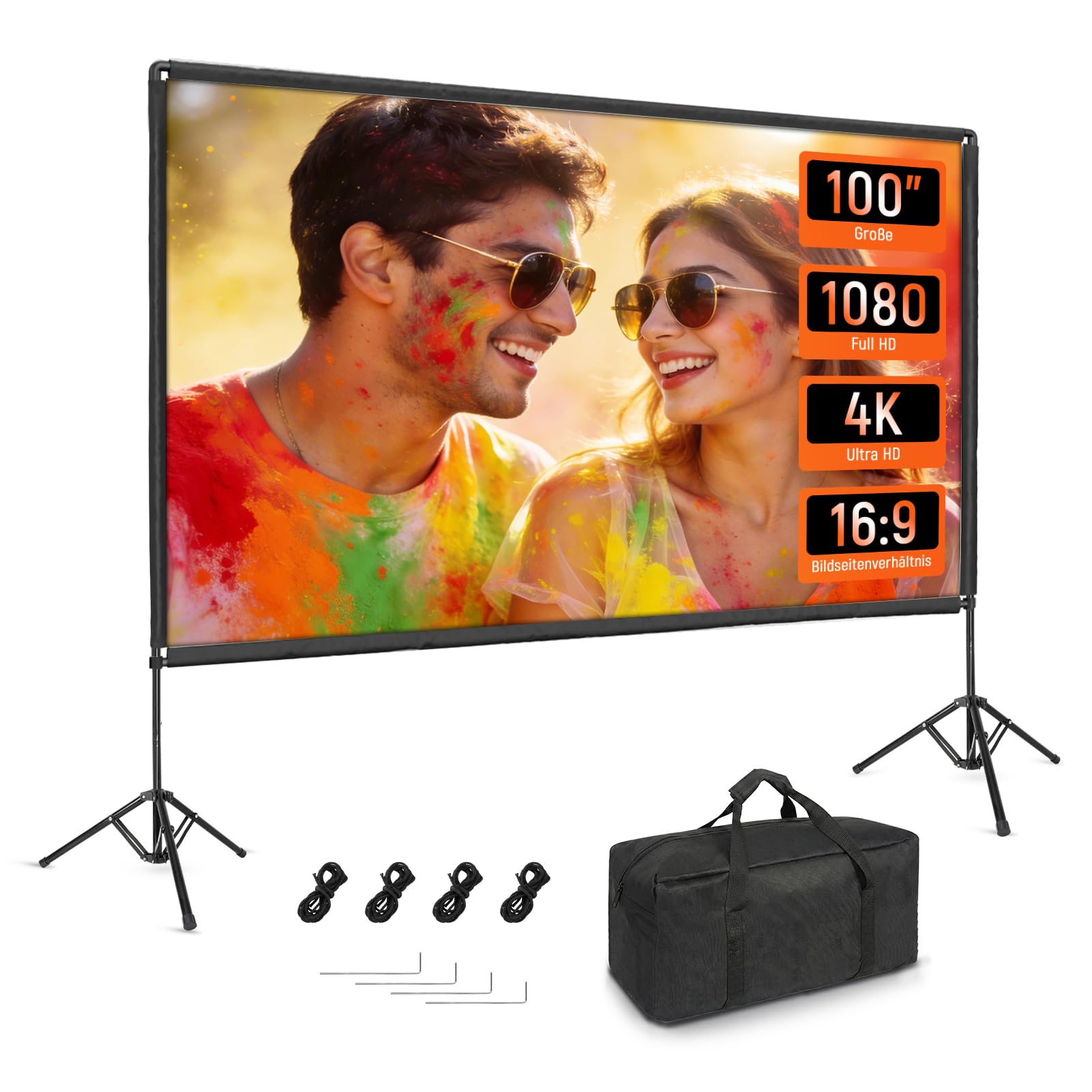 Beamer Leinwand mit Stativ 100 Zoll, 16:9 HD Projektor Leinwand Outdoor