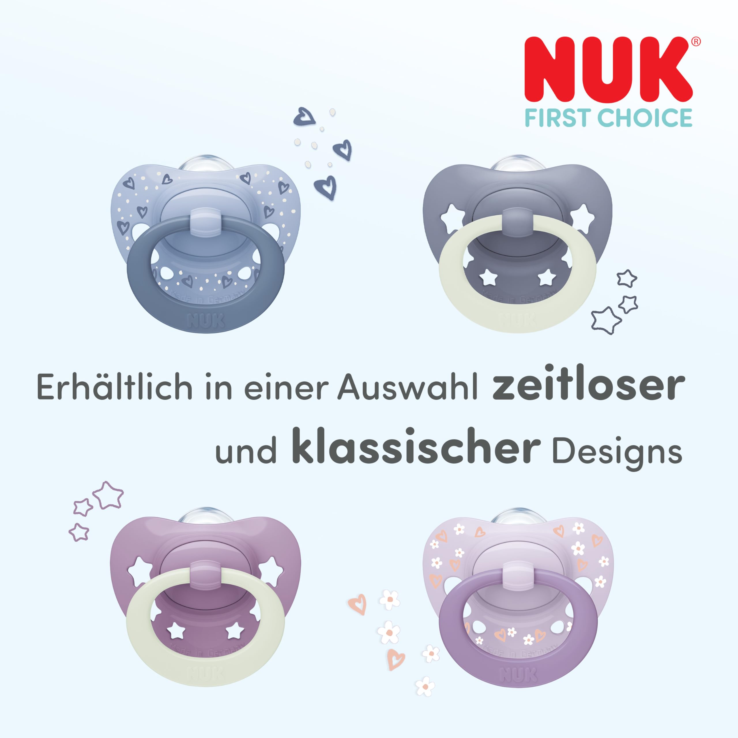 NUK First Choice Classic Night Smoczki dla niemowląt | 6-18 miesięcy | Ortodontyczne smoczki świecące w ciemności | 95% akceptacji przez niemowlęta** | Fioletowy | 2 sztuki