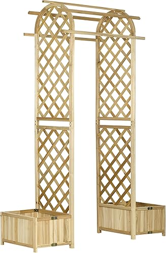 Outsunny Arco de jardín, 2 lados de enrejado de madera, 2 cajas de macetas para plantas trepadoras o macetas, arco de árbol de 7.5 pies para bodas
