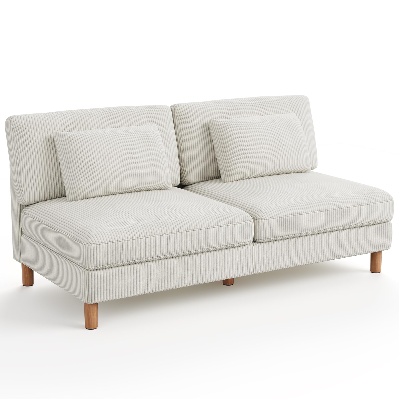 Vesgantti 166cm Armless 2 Seater Sofa, Comfy Corduroy Couch with 2 Extra Pillows, Loveseat Sofa Perfect for Living Room, Bedroom, Office, Apartment, Tool-free Assembly，166L*88D*84Hcm, Beige — image 1
