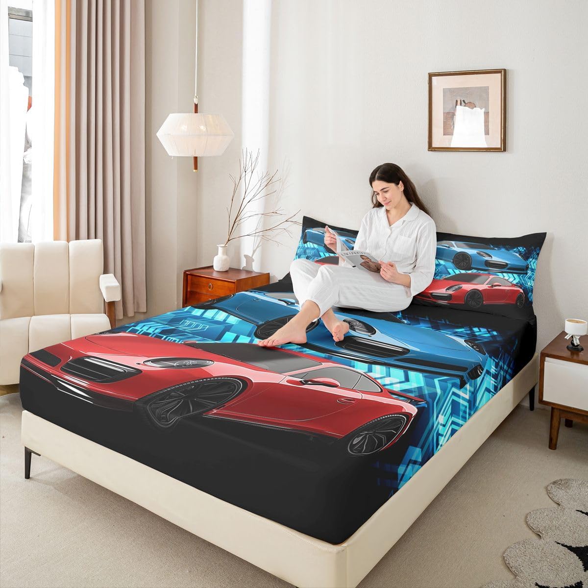 Feelyou Cars Bed Sheet Set Arrow Fitted Sheet for Girls Boys Children Kids Sports Car Plush Blanket Race Sports Car Red Blue Black Bright Breathable Room Decor Bedding Sheet King Size 4Pcs