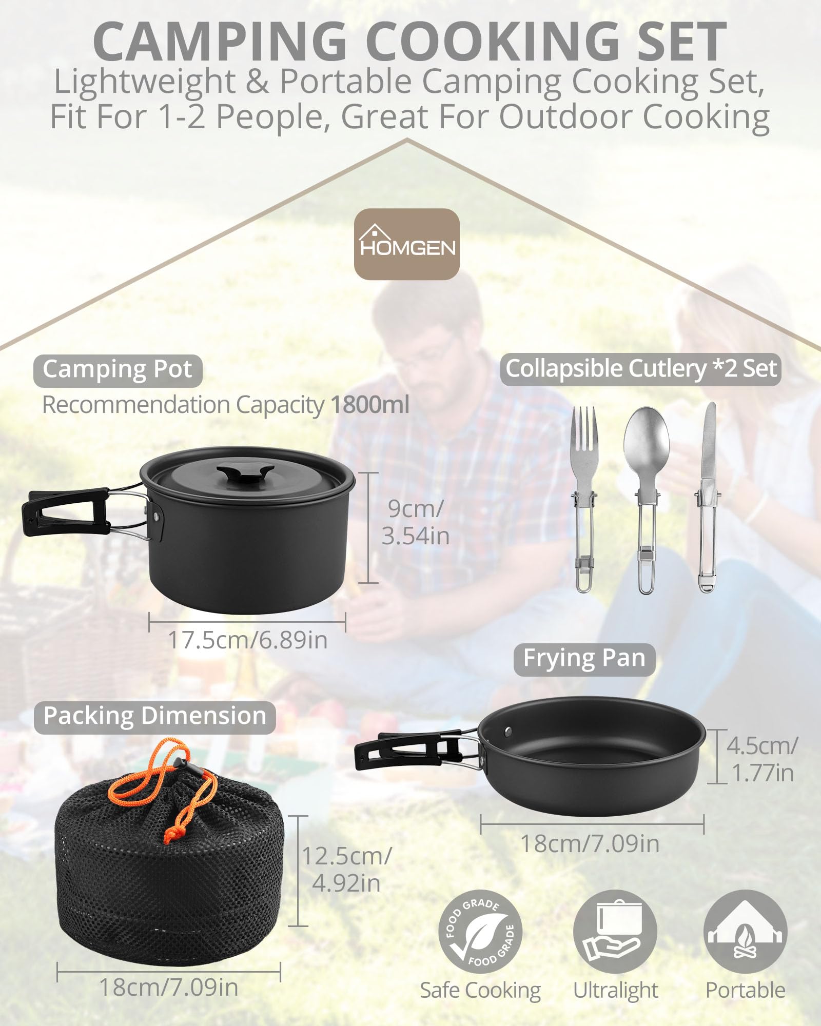 Utensilios de Cocina para Camping HOMGEN Juego de Ollas y Sartenes para Acampar Juego de Cocina de Aluminio para 1-2 Kit Camping con Cubiertos para Estufa de Gas para Camping, Picnic, Senderismo, etc.