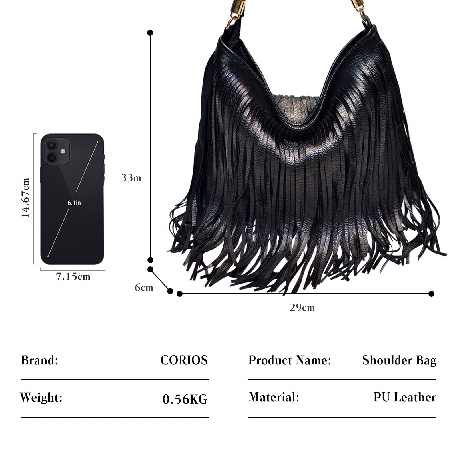 CORIOS Borsa a Mano Donna con Frange Borsa a Spalla in PU Pelle Stile Boemo Borsa a Tracolla Design con Frange Bilaterali Accessorio Trendy e Versatile Nero