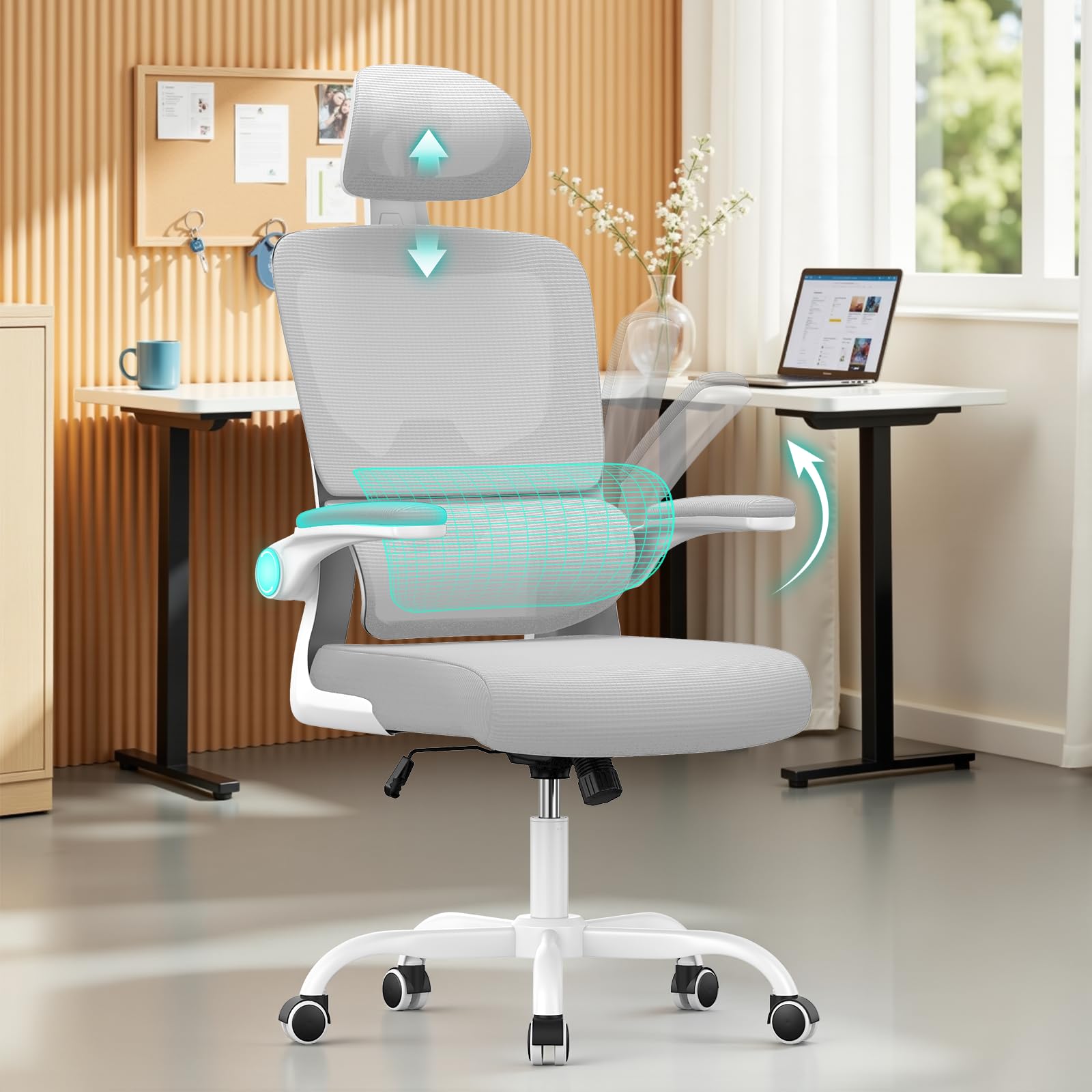naspaluro Ergonomic Office Chairs, High Big Study Desk Computer Chair with Flip-up Armrests/Back Support/Adjustable Headrest, Comfy Swivel PC Work Chair, Gray Mesh Office Chairs for Home Office
