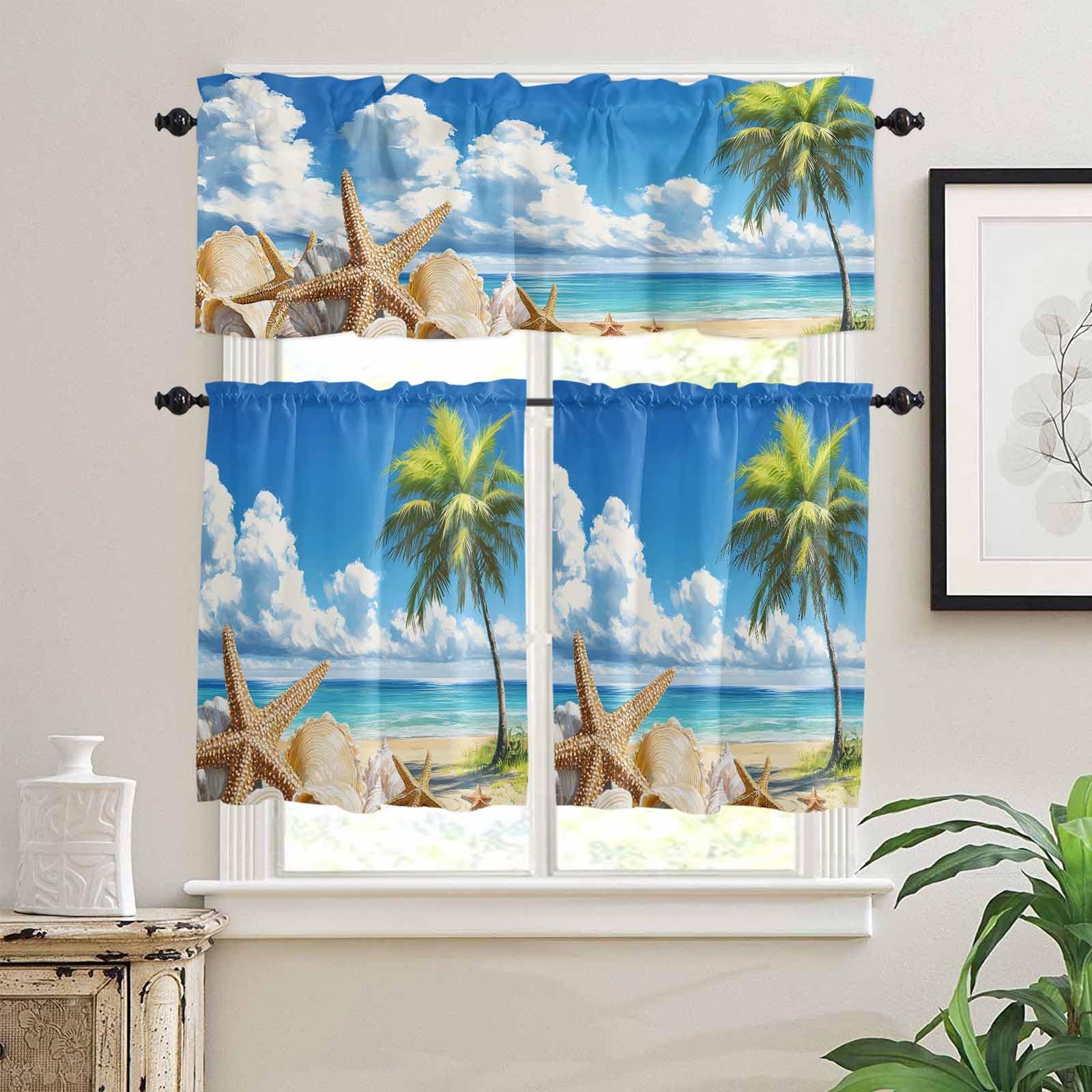 Beach Blue Kitchen Curtains 36 Inch Length, 3 Piece Rod Pocket Small Half Tiers and Valance Set, Starfish Palm Tree Shell Sandy Beach Small Large Window Treatment Decor for Bedroom/Bathroom Sink