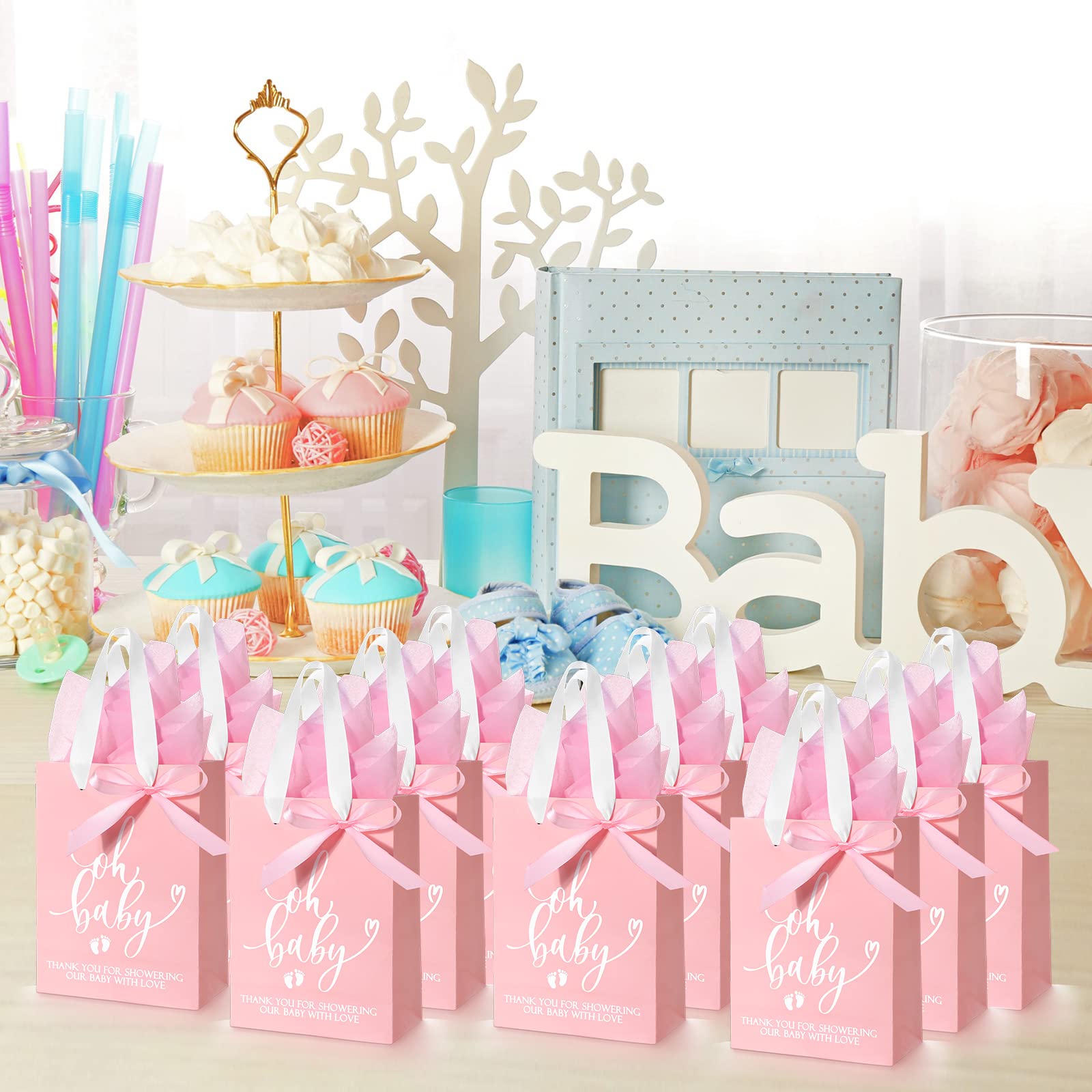 PerKoop 50 sztuk torebek na prezenty na baby shower, z bibułką, torba na baby shower, z uchwytem, papierowa torba na prezent i 50 arkuszy, dekoracyjna bibuła dla gości, prezenty ujawniające płeć,