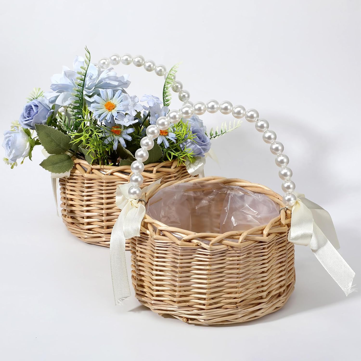2Pcs Wicker Rattan Flower Girl Baskets, Handwoven Wicker Basket with Pearl Handle, Plastic Liner, and Satin Bow, Fairy Flower Small Rattan Basket for Weddings Bridal Anniversary Party Decor