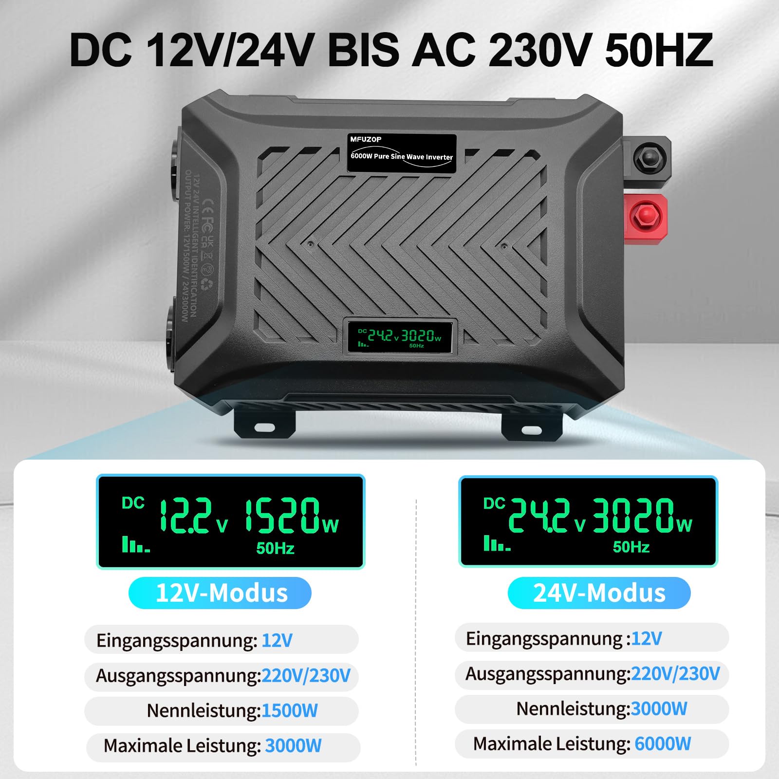 MFUZOP Power Inverter 12v 24V 220v onda pura 1500W/3000W Convertitore con sistema di rilevamento intelligente, con 2 prese AC, 1 porta Type-C, 1 porta USB 5V 2.1A & LCD-Display