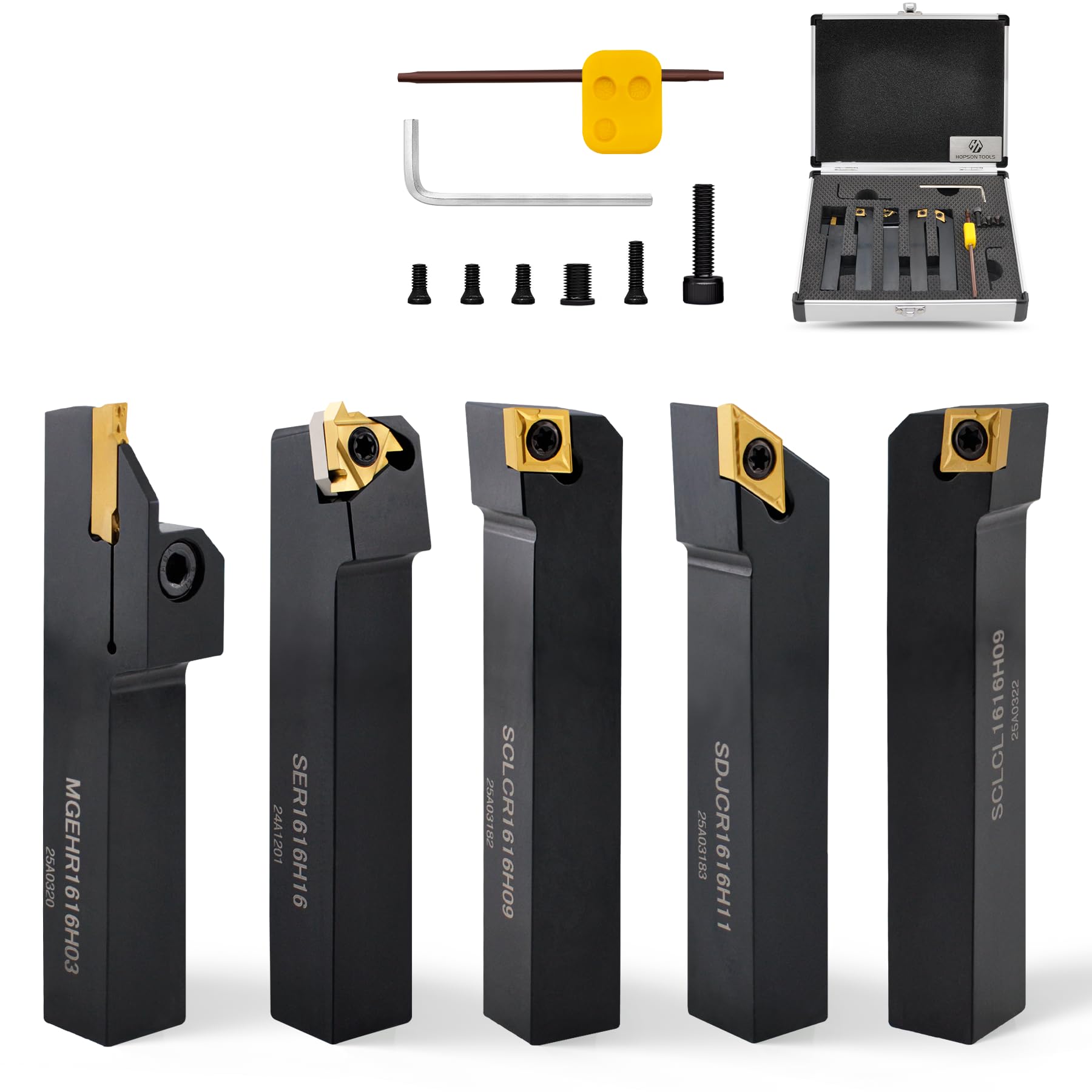 Gambo 16 mm Set 10 Pezzi Portautensili per Tornio con Inserti in Carburo, 5 Portautensili + 5 Inserti Indexabili CCMT/DCMT/16ER/MGMN300, Valigetta Alluminio