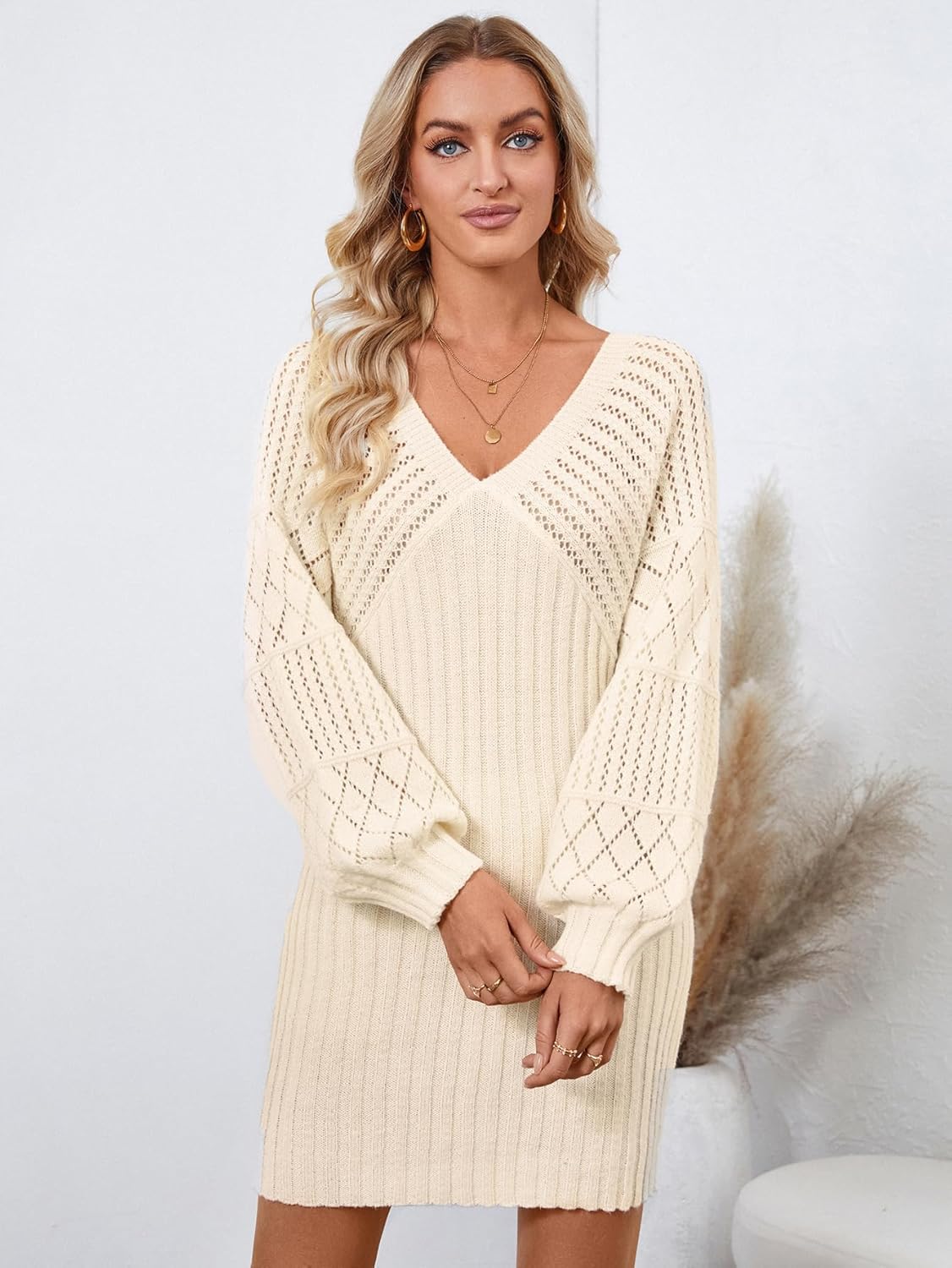 Womens Oversized Sexy V Neck Crochet Knit Sweater Dress Spring 2025 Trendy Ladies Dressy Casual Outfits Hollow Out Long Sleeve Wedding Guest Formal Cocktail Prom Mini Dress Khaki S - Image 5