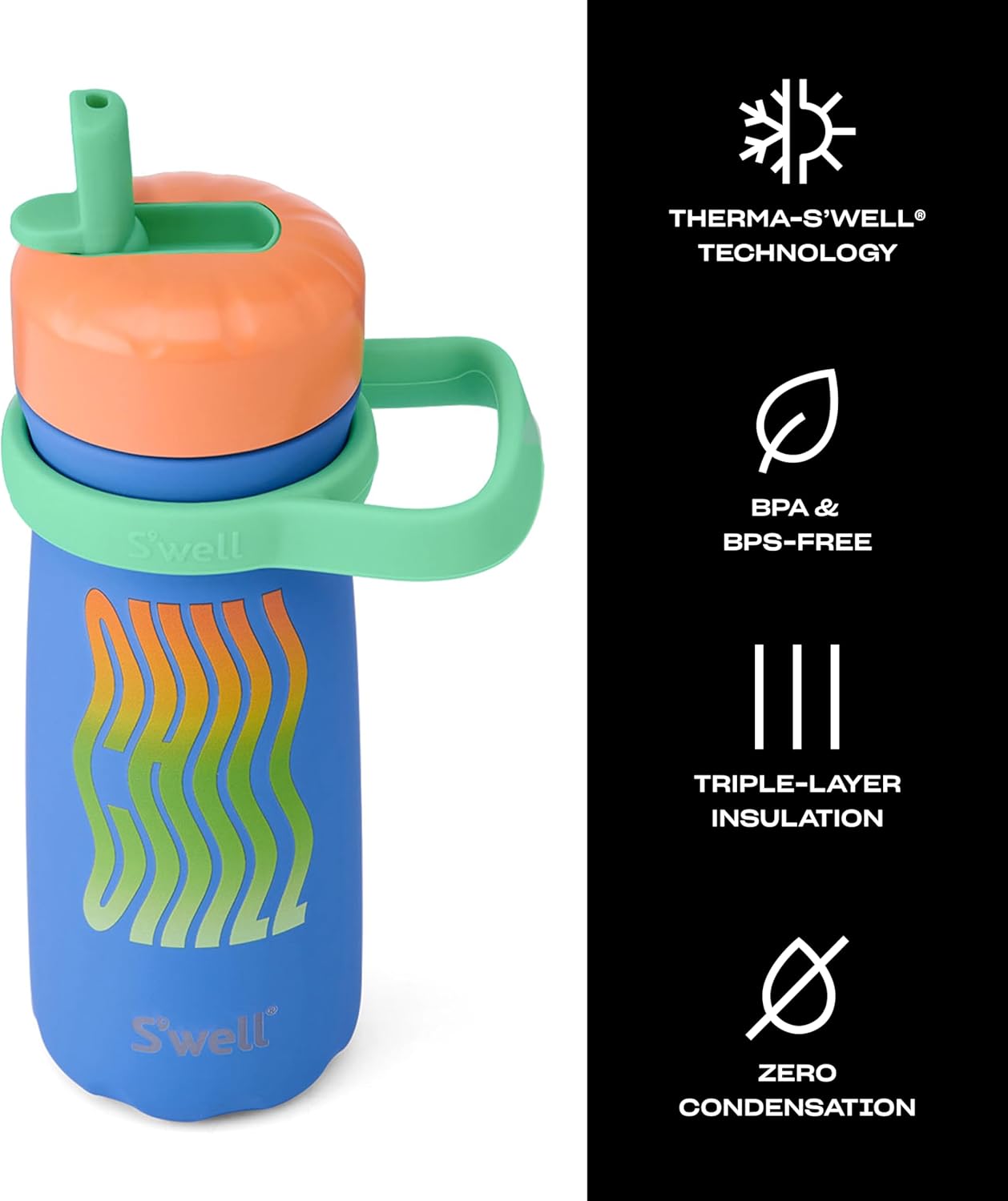 S'well Stainless Steel Kids Traveler with Flip Straw Lid, 16oz, Blue Chill, Triple Layered Vacuum Insulated Containers Keeps Drinks Cold for 24 Hours, BPA Free, Easy Carrying On the Go