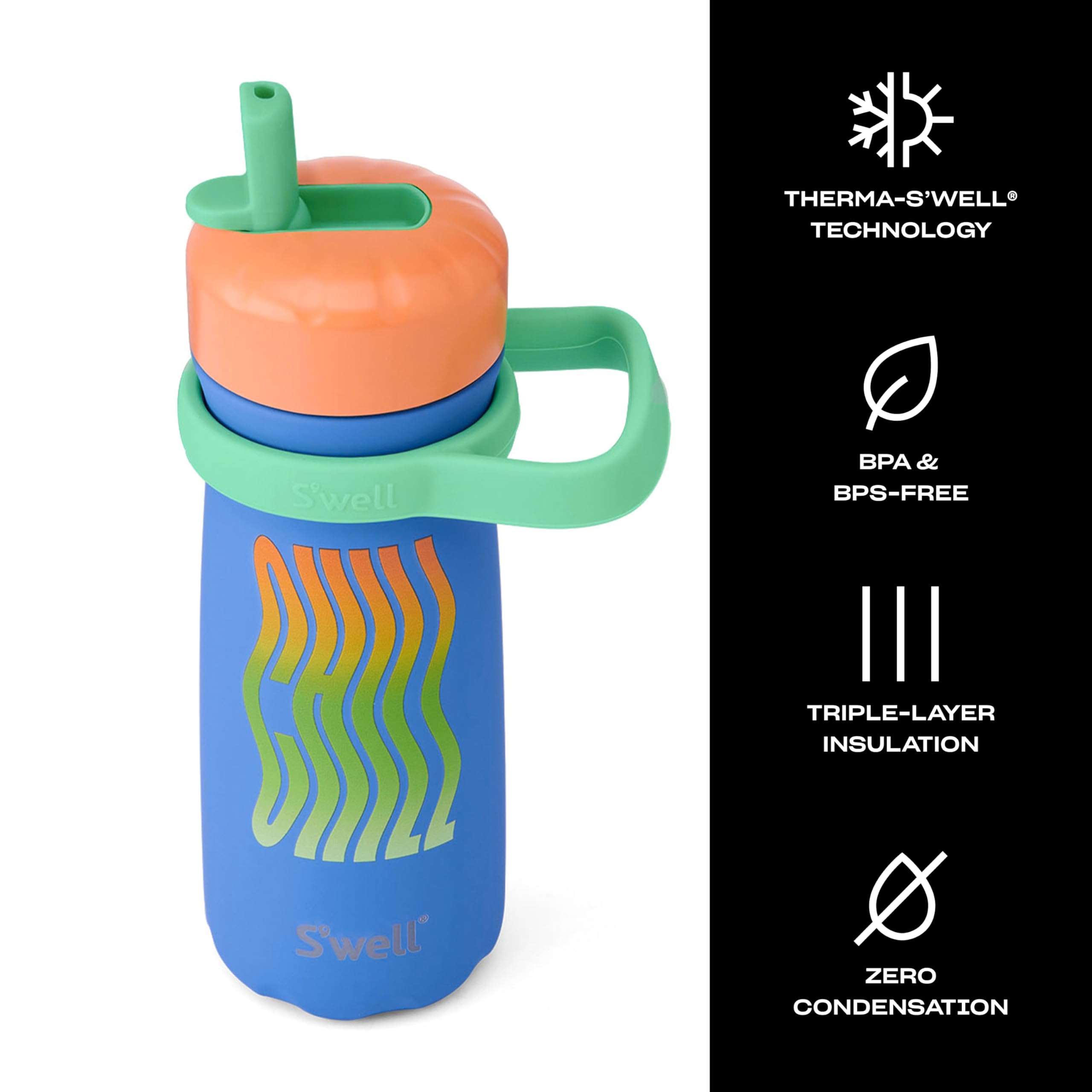 S'well Stainless Steel Kids Traveler with Flip Straw Lid, 16oz, Blue Chill, Triple Layered Vacuum Insulated Containers Keeps Drinks Cold for 24 Hours, BPA Free, Easy Carrying On the Go