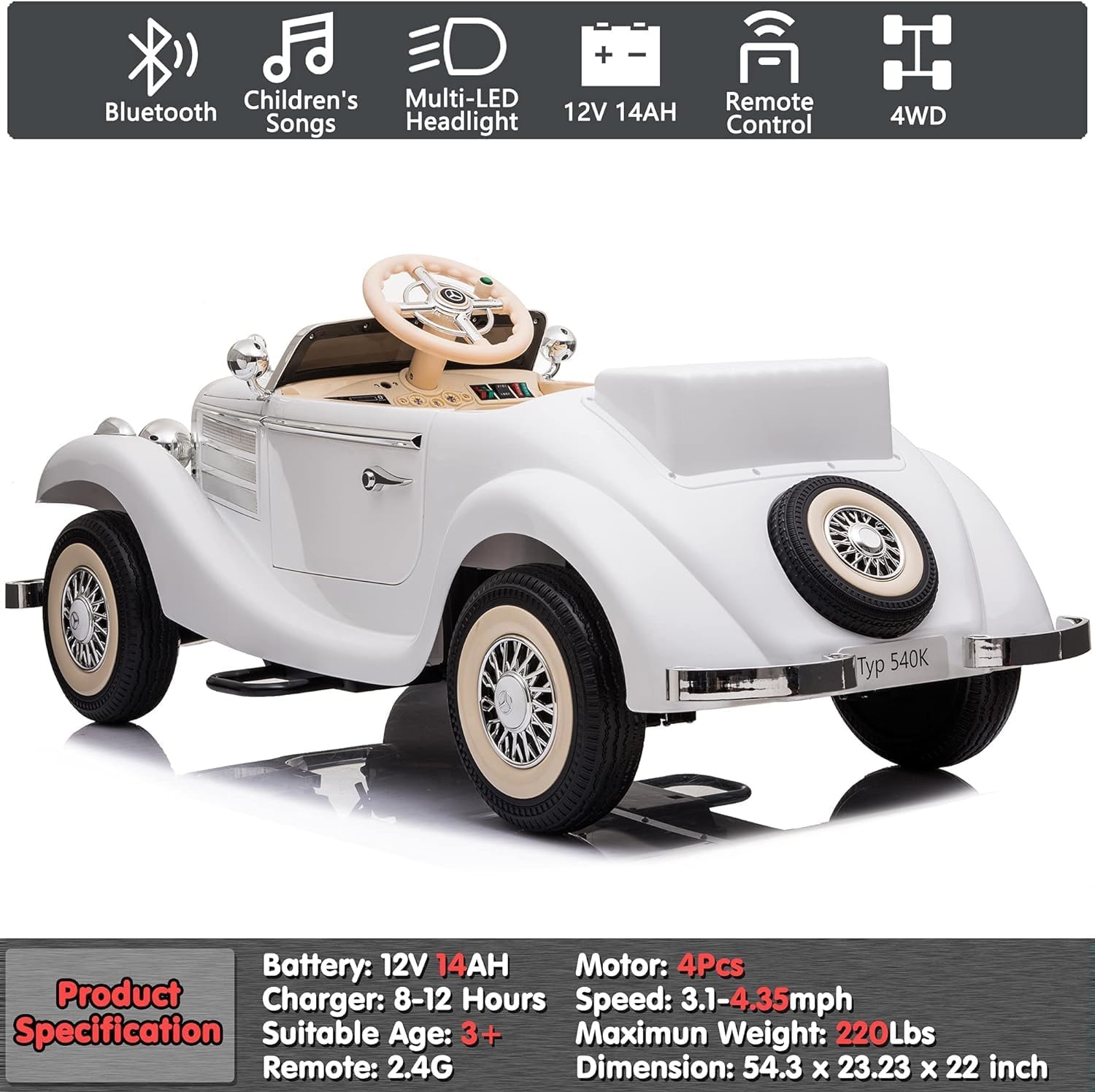 sopbost 12V 4WD Licensed Mercedes Benz Kids Electric Car Battery Powered 4 Wheels Ride On Toy with Remote Control 1+1 2-Seater, 220Lbs Load Capacity, White