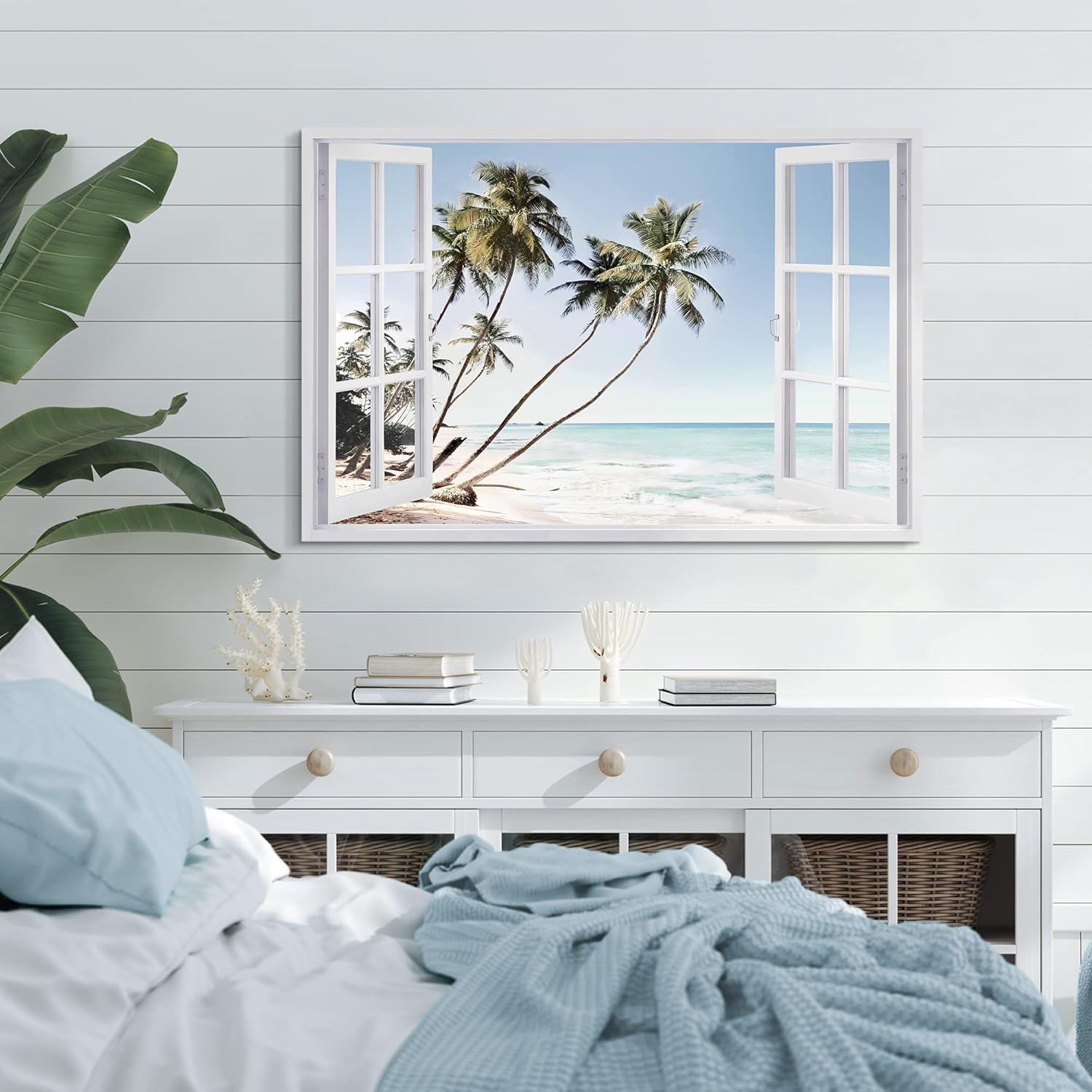 arttitue Beach Scene Canvas Wall Art: Bedroom Large Modern Ocean Window Print Relaxing Coastal Painting Living Room Tropical Sea Landscape Picture Seascape Artwork for Home Office Decor