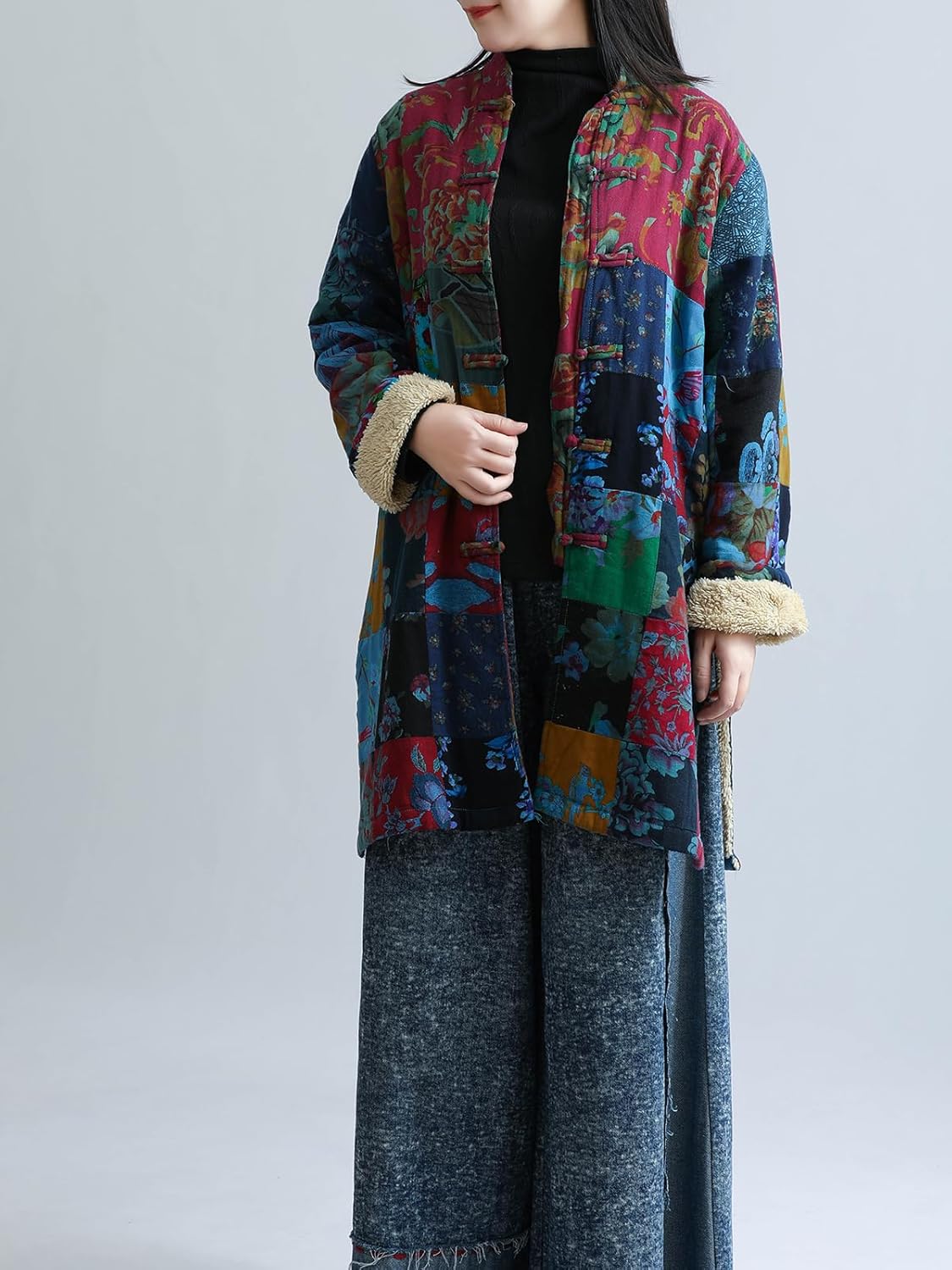 LUZU JUNU Women's Trench Coat Floral Print Long Cotton Linen Jacke Cottagecore Clothing Patchwork Outwear Bohemian unique(US, Alpha, One Size, Regular, Regular, BlueJacket Plush)
