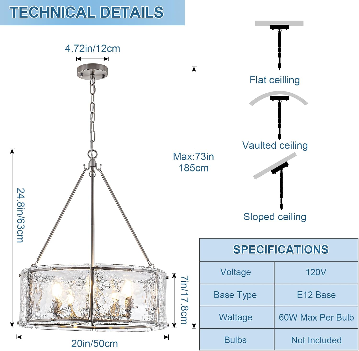 Brushed Nickel Modern Drum Chandelier, 5-Light Dining Room Light Fixture with Textured Clear Patterned Glass Shade, Hanging Pendant Light for Foyer, Kitchen Island, Living Room,Bathroom