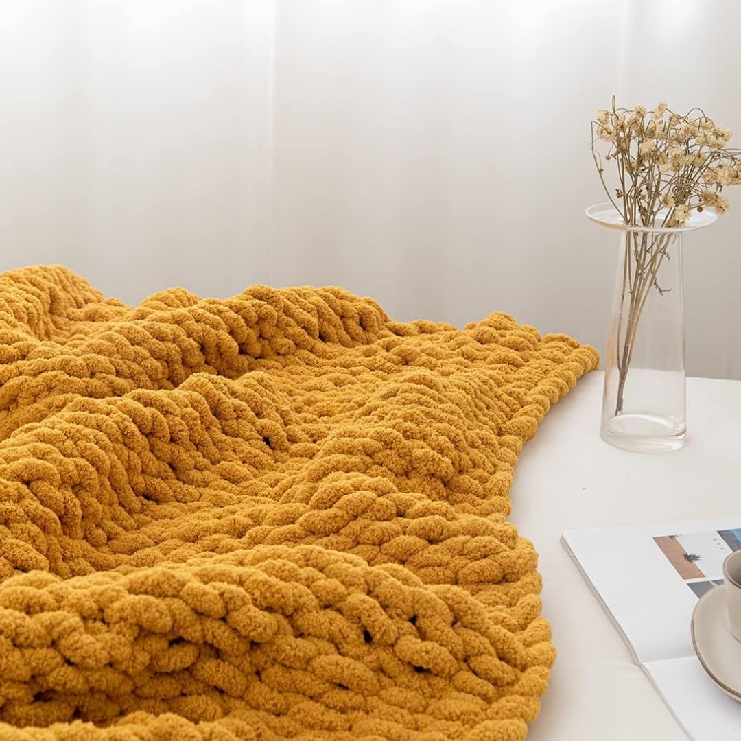 Chunky Knit Blanket Throw 40"×40", Hand Knitted Warm Chenille Throw Blanket, Home Decor Soft Thick Yarn Cable Knit Blanket,Soft Breathable Fleece Banket Christmas for Couch Bed Sofa Best Gift (Yellow) - Image 4