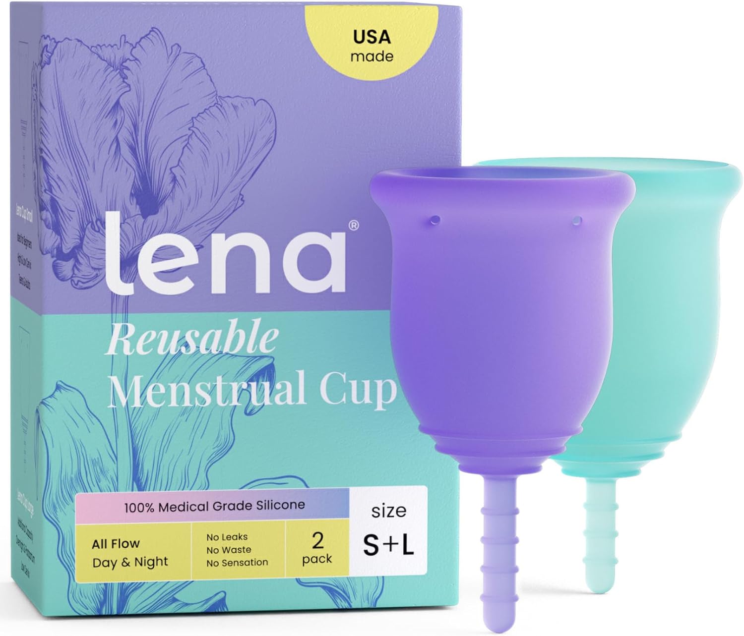 Lena Menstrual Cups Original 2-Pack Set (Small & Large) Soft Medical-Grade Silicone Period Cups for Women Heavy Flow, Reusable 12-Hour Leak-Free Comfort, Feminine Care, Purple and Turquoise