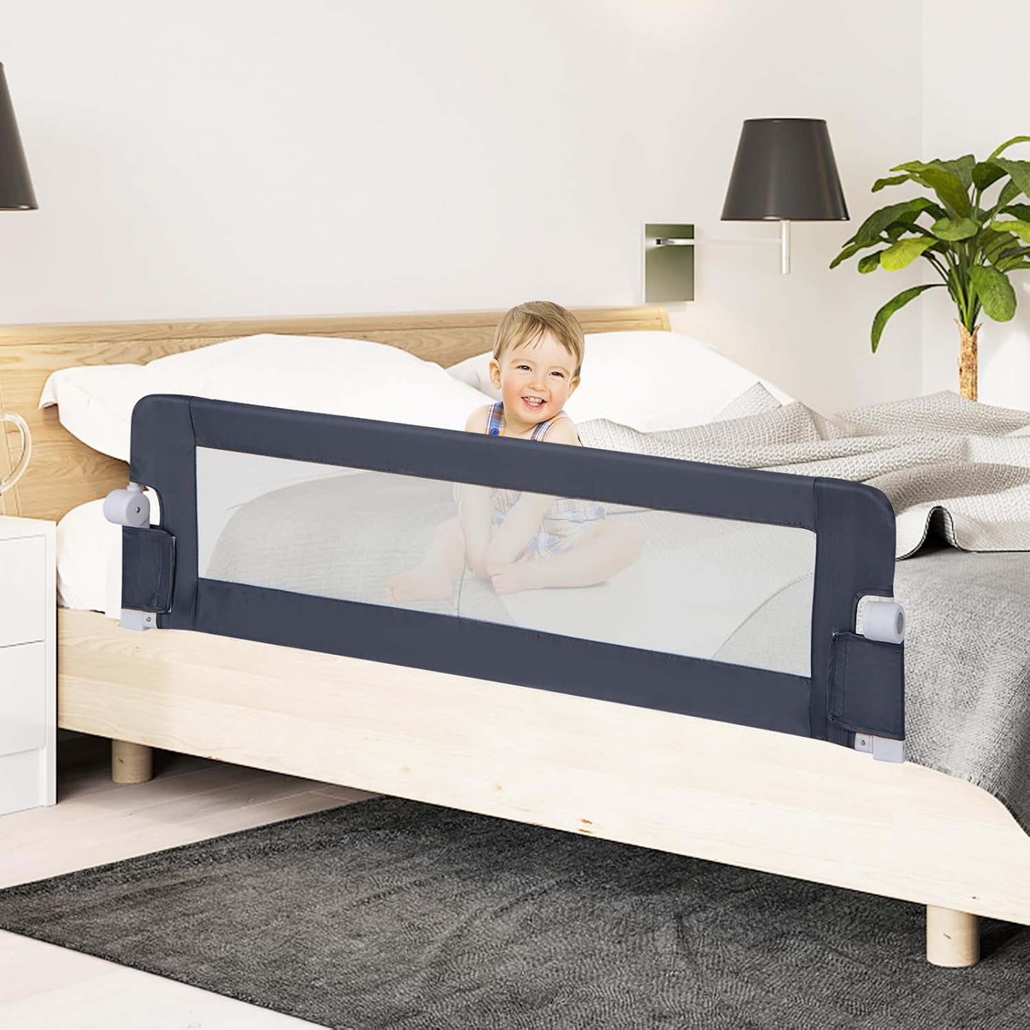 GLACER Foldable Bed Rail for Toddlers - 60-Inch Extra Long, Portable Baby Bed Side Rail Guard for Crib, Twin, Bunk, Full Size, King and Queen Beds, Safety Bed Rail for Baby, Kids (Grey)