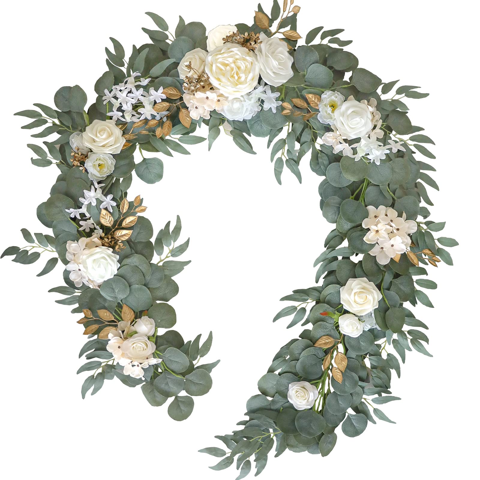 Lookein Blumengirlande, Eukalyptus-Girlande mit Blumen für Hochzeit, Tafelaufsätze für Probe, Abendessen, Brautparty, cremefarben, 1,8 m