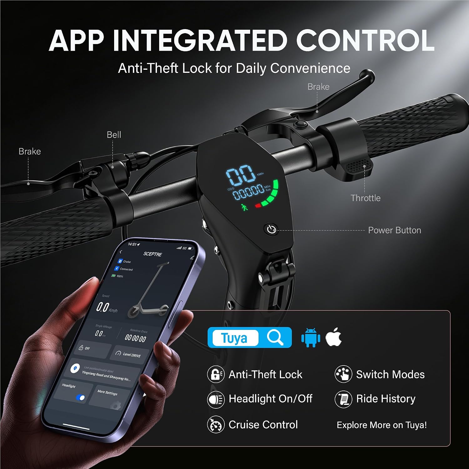 A smartphone displaying the scooter's app interface, showing speed, mileage, and various controls like anti-theft lock, cruise control, and headlight settings. The scooter is visible in the background.