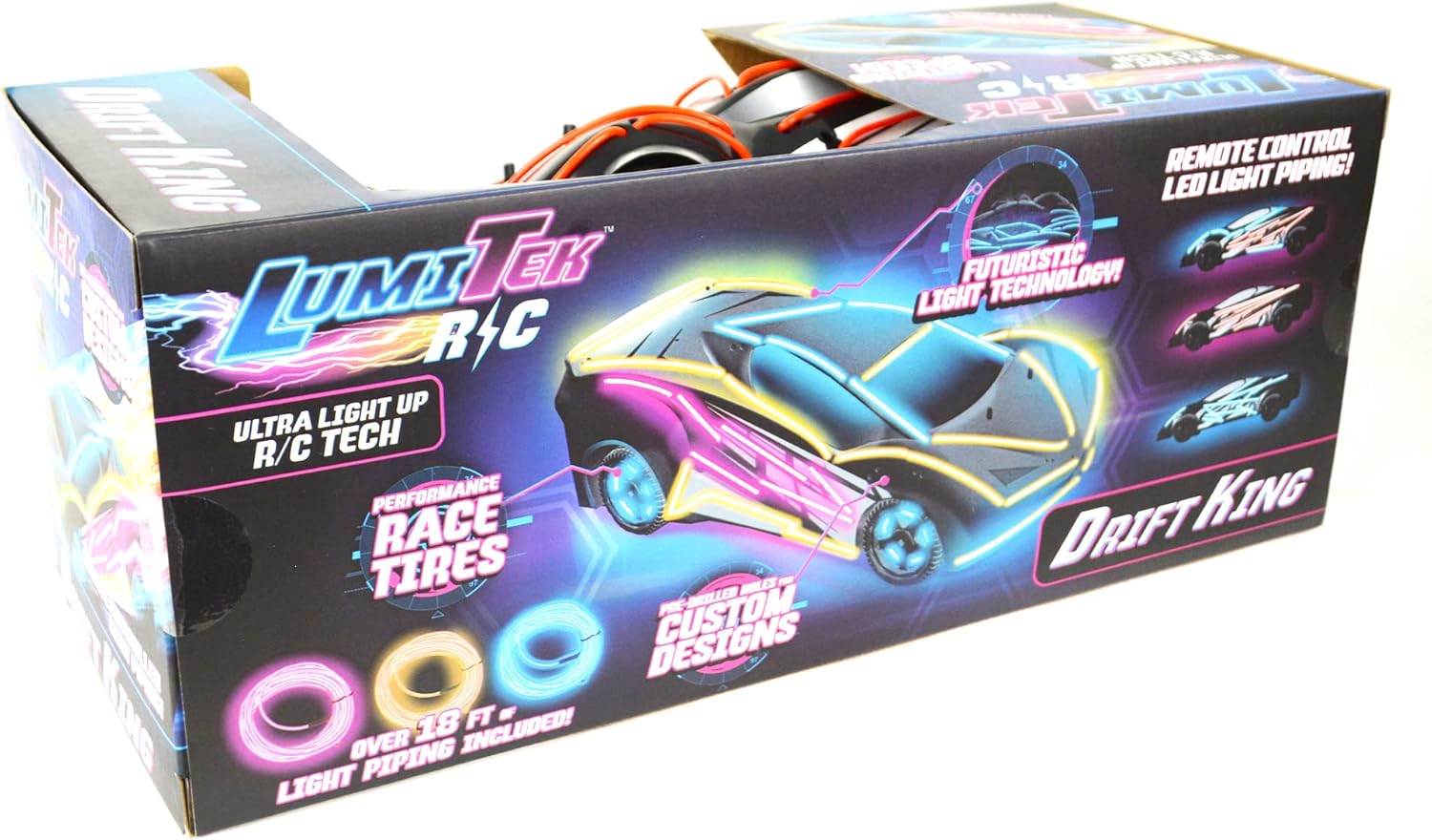 LumiTek R/C Drift King car in action with glowing wheels and light trails