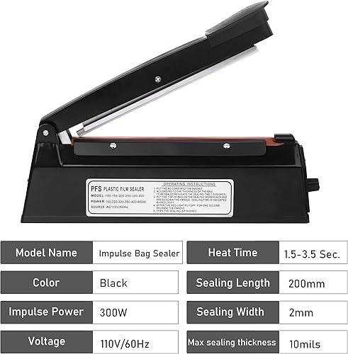 Miniatura 2 de Sellador térmico por impulso de 8 pulgadas, máquina de sellado térmico manual de bolsas de polietileno, selladora térmica para bolsas de plástico,