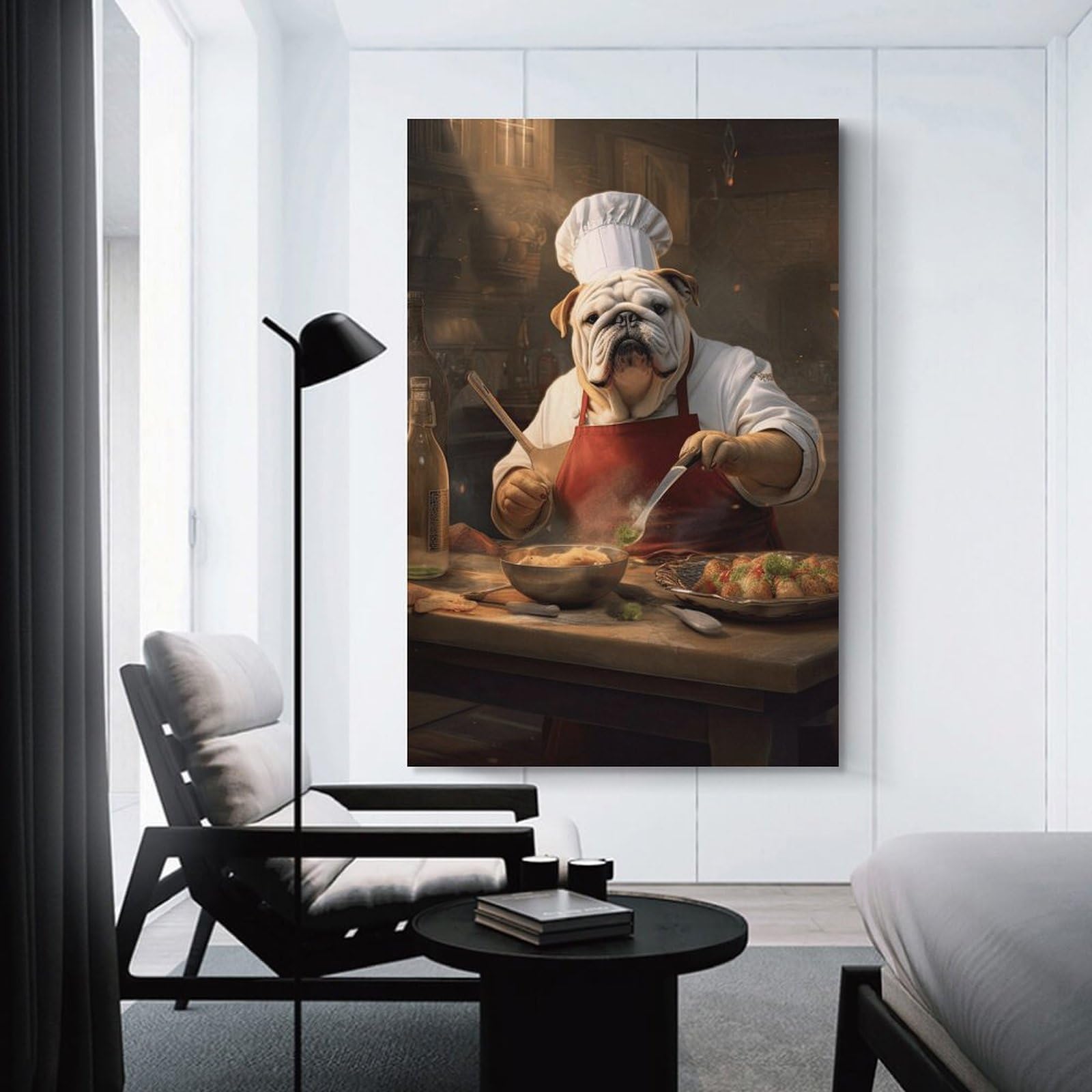 Junmoney Bulldog Chef Cooking Decorative Wall Artwork, 24x36inch(60x90cm), for Home Lounge, Bedroom Or Reading Nook, Easy Decor for Gallery Walls