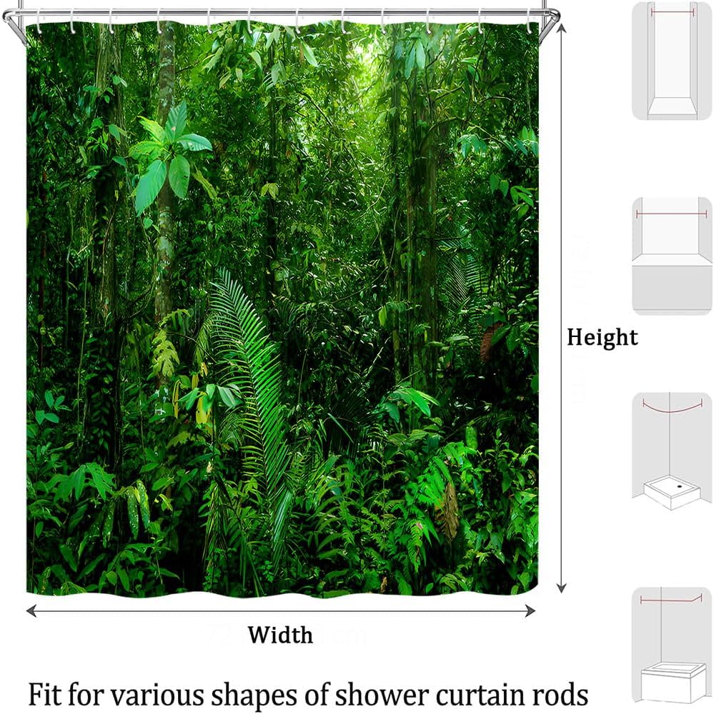 Green Jungle Shower Curtain Nature Forest Rainforest Landscape Tropical Plant Outdoor Scenery Polyester Curtains Bathroom Decor with Hooks 180" Wx70 H