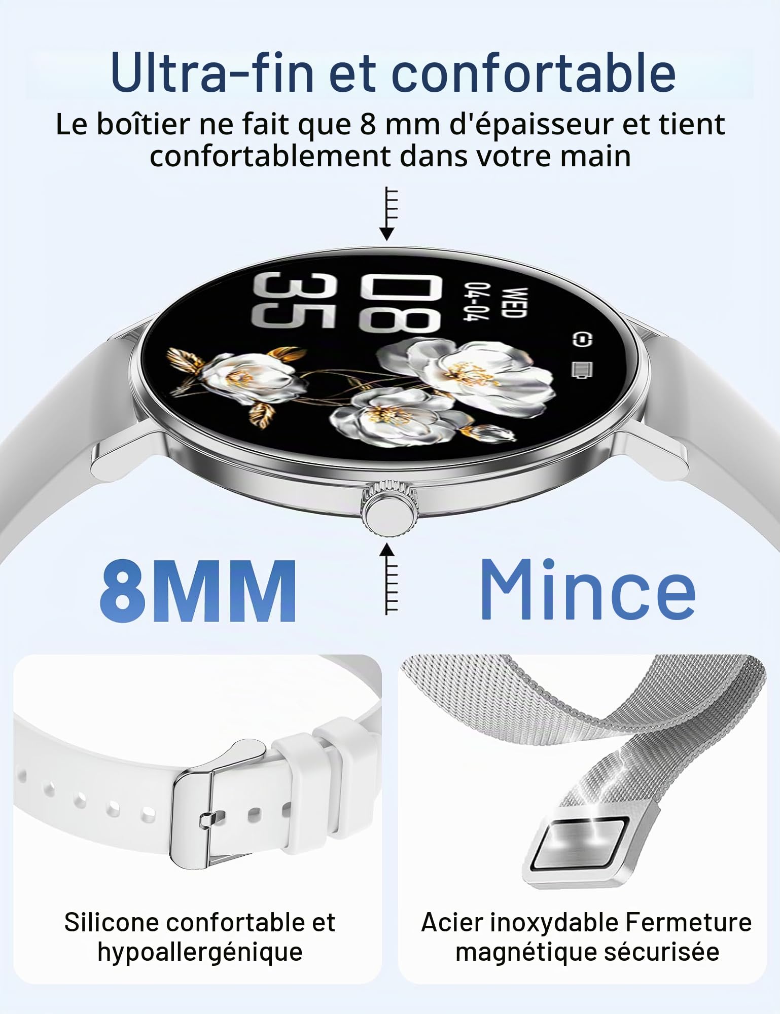 Montre Connectée Femme Homme Ultra-Fine 8 mm, 1.32" AMOLED Smartwatch avec Appel BLE5.3, Autonomie 7 Jours, Suivi Santé&Sommeil, Assistant Vocal, IP68 Étanche Fitness Podomètre pour Android iOS