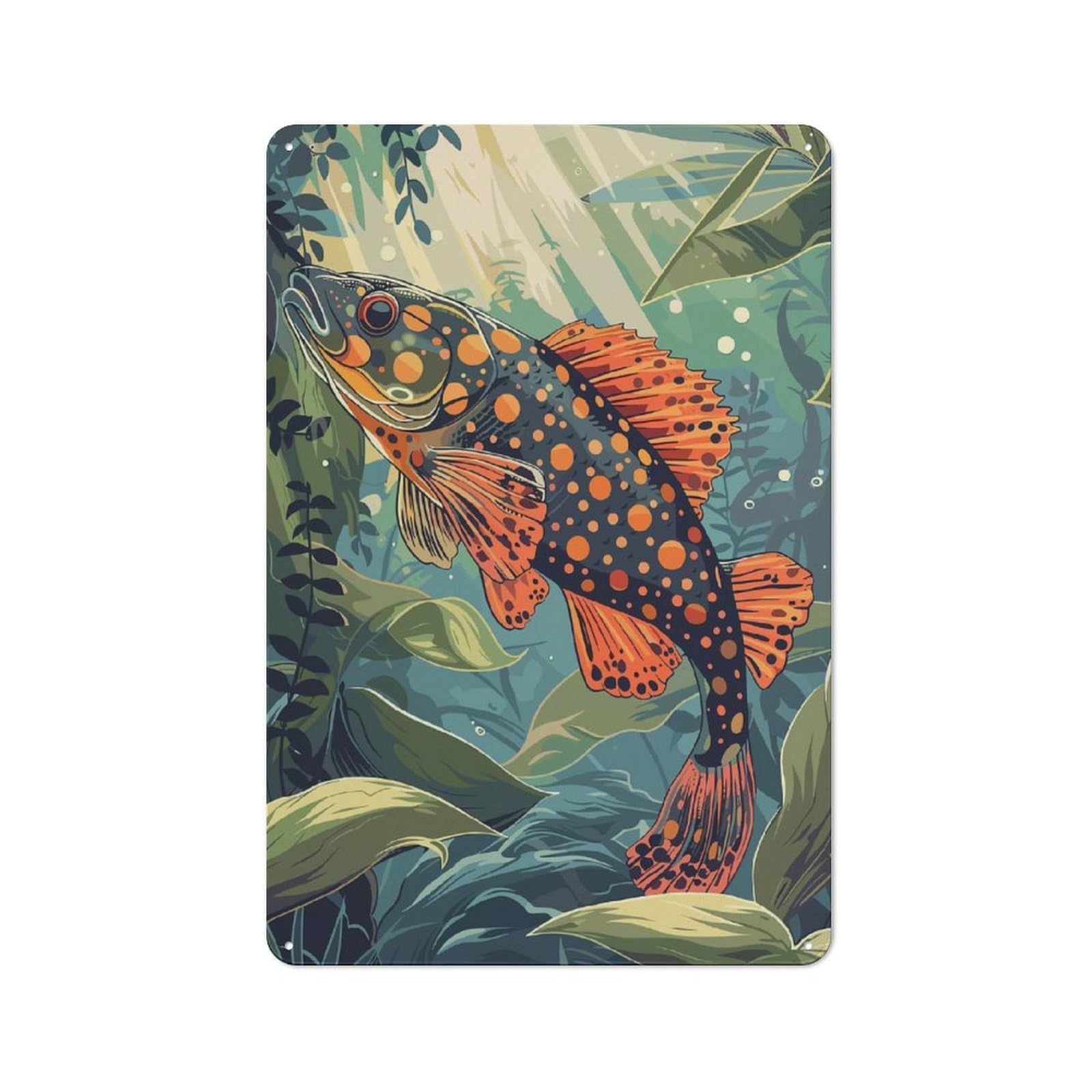 Junmoney Style-21 Retro Metal Wall Sign 30X20cm With Spotted Fish In Lush Underwater Scene For Home Bar Wall, A Decorative Gift For A Newly Furnished Home Bar