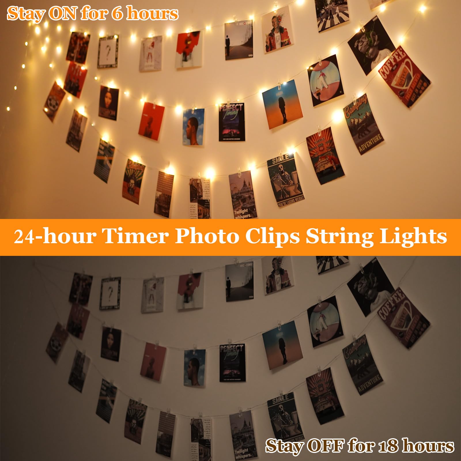 Lakumu Wiederaufladbare Foto-Clip-Lichterkette, 100 LEDs, batteriebetriebene Lichter mit 60 transparenten Clips, 8 Modi und Timer, funkelnde Lichter für Schlafzimmer, Schlafsaal, Wand, Hochzeit