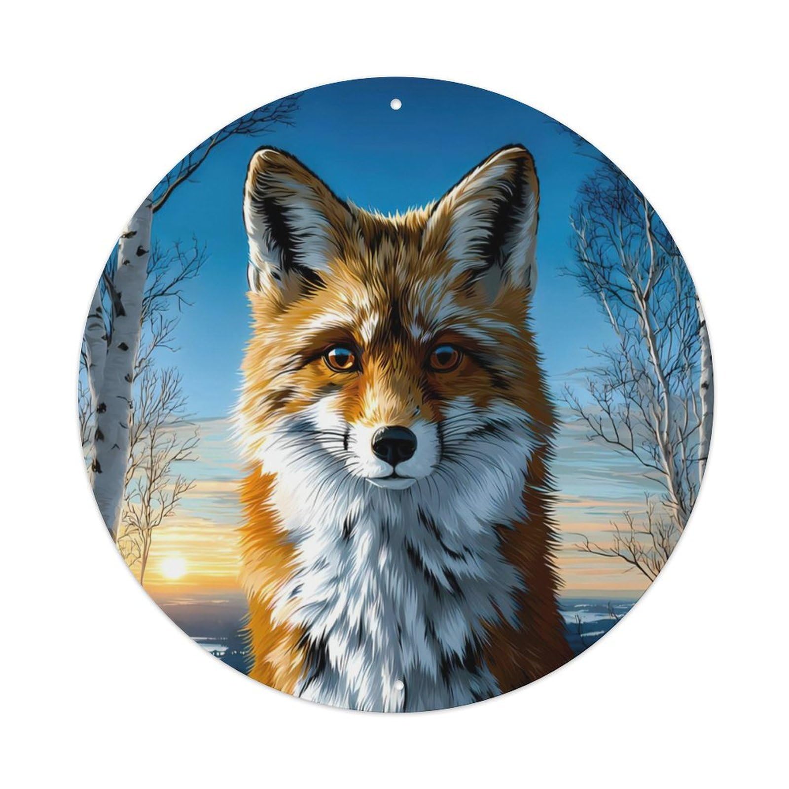 Animal Red Fox in Snowy Birch Forest Winter Sunrise Landscape Vintage Metal Tin Sign Plaque Wall Decor for Cafe, Club Bar, Office, Garden Metal Poster 8x8Inch