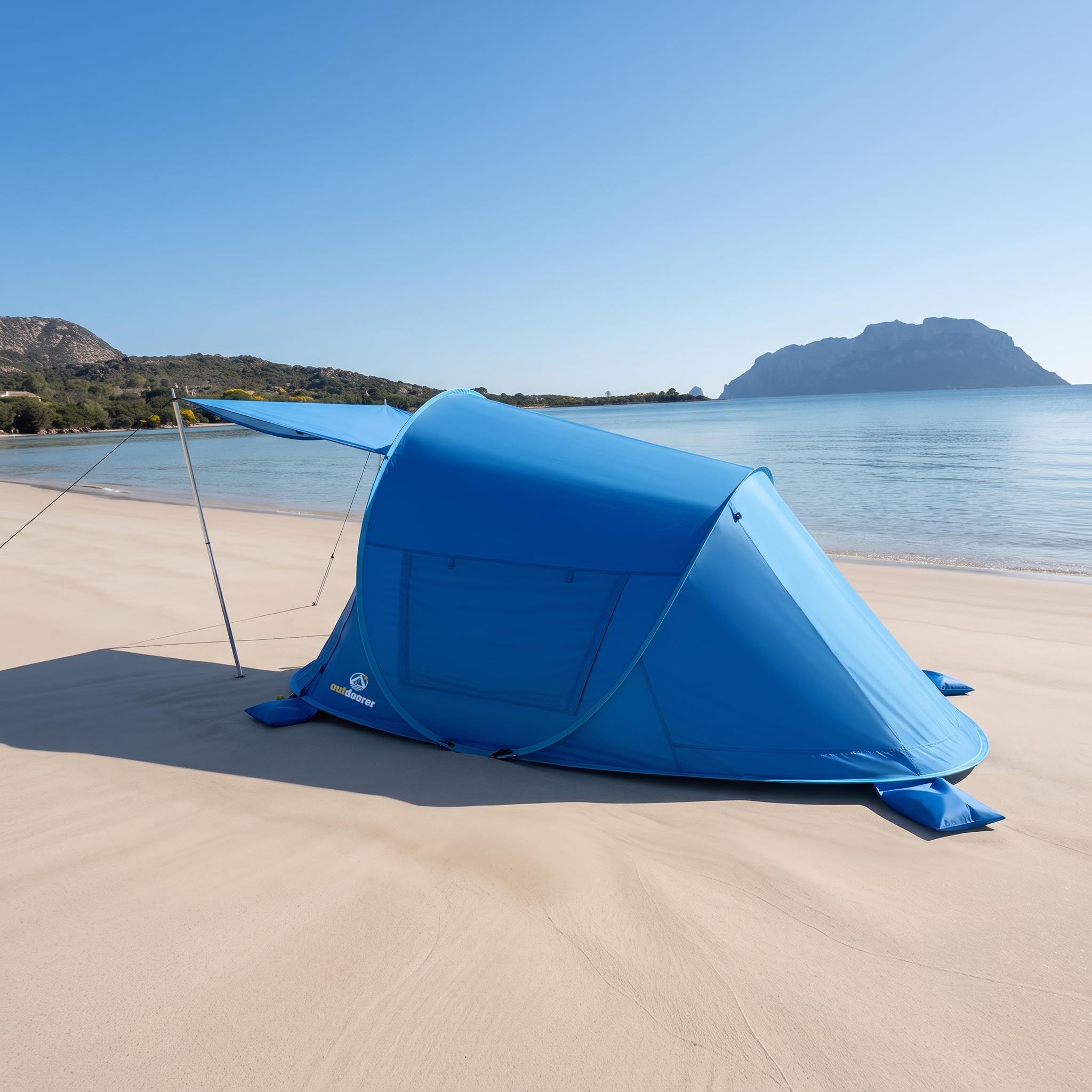 outdoorer Beach Air Max - UV 80 Pop up Strandmuschel Innovation 2026, kompakt, mit Vordach, einfacher Aufbau, für Koffer, mit Haken, groß, verschließbar, windstabil, Moskito Schutz.