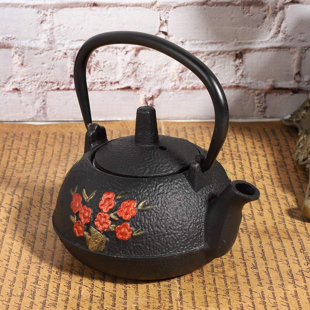 HEEPDD Teiera Decorativa da Cerimonia Bollitore da tè in Ghisa Ferro Non Rivestito 0,3 L Stile Giapponese, Motivo con Fiori di Pruno in Bambù, Piccola Teiera Ornamentale per Decorazioni per la Casa da