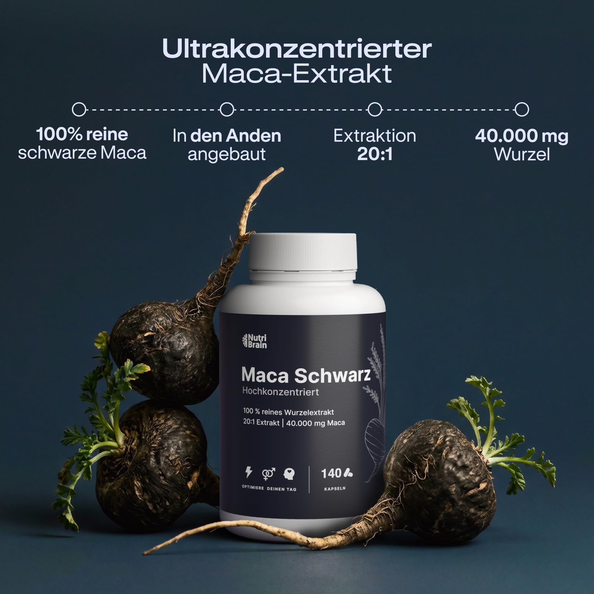 Maca Schwarz Hochdosiert 40.000mg - 140 Vegane Kapseln | Ultra-Konzentriert 20:1 Extrakt | 5 Monate | Steigert Energie und Vitalität | Laborgeprüft | Verbessert Leistung, Ausdauer und Gleichgewicht