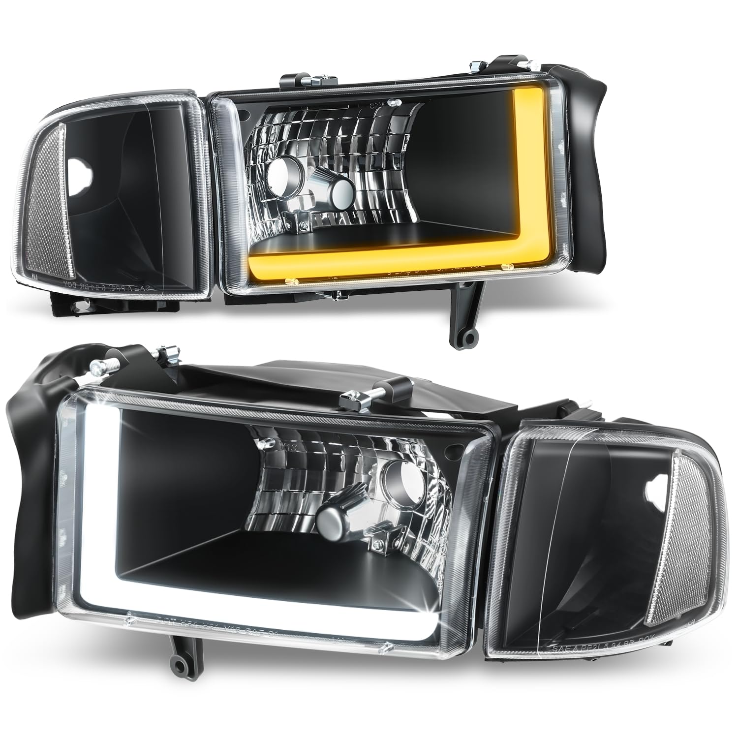 Auto Dynasty 4Pcs Sequential L-LED DRL Switchback Headlights Assembly Compatible with Dodge Ram 1500 94-01 Dodge Ram 2500 3500 1994-2002, Driver and Passenger Side, Black Housing