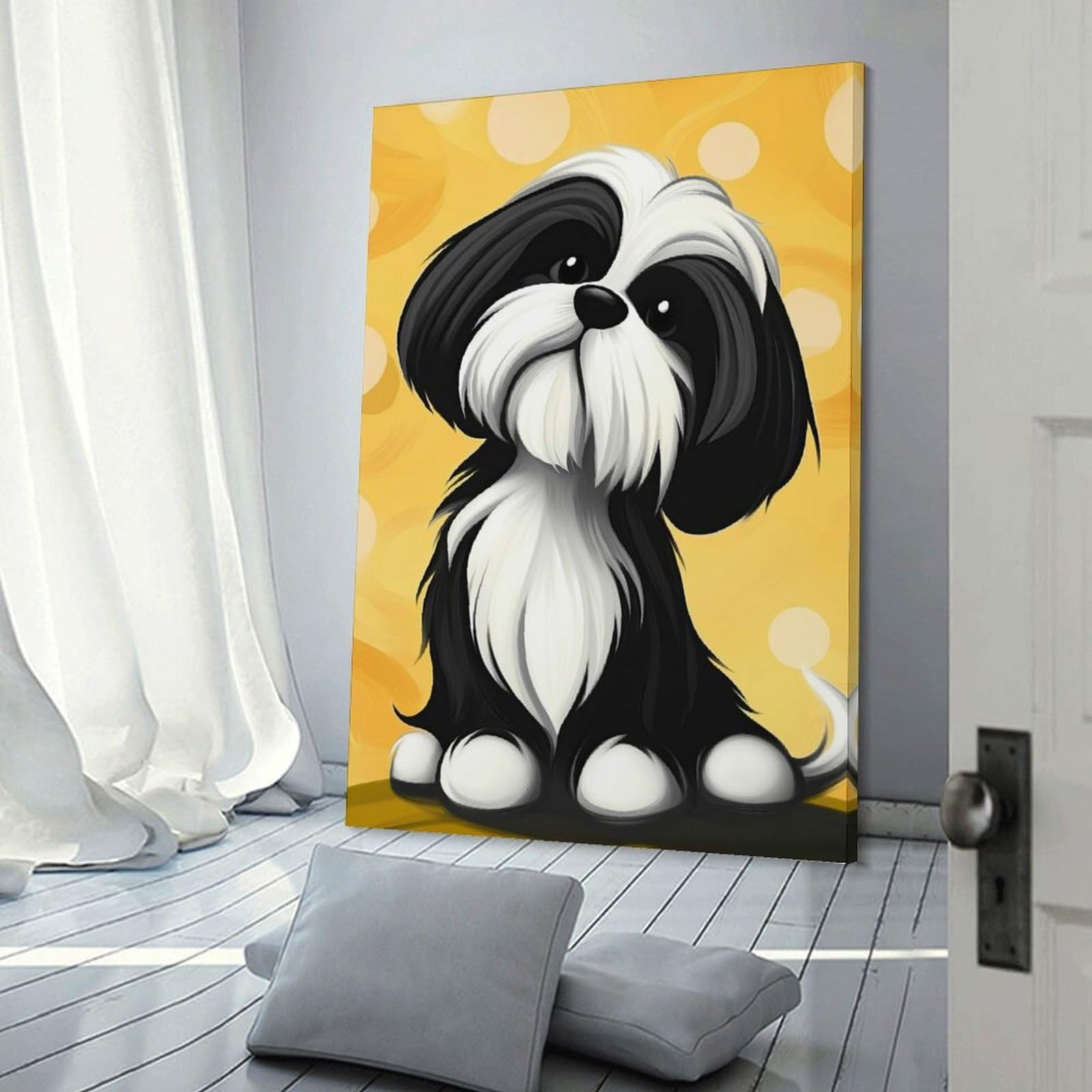 Junmoney Frame-Style-14 Cute Shih Tzu Dog Painting Decorative Wall Artwork, 24X36inch(60X90cm), For Home Lounge, Bedroom Or Reading Nook, Eye Catching Artwork For Blank Walls