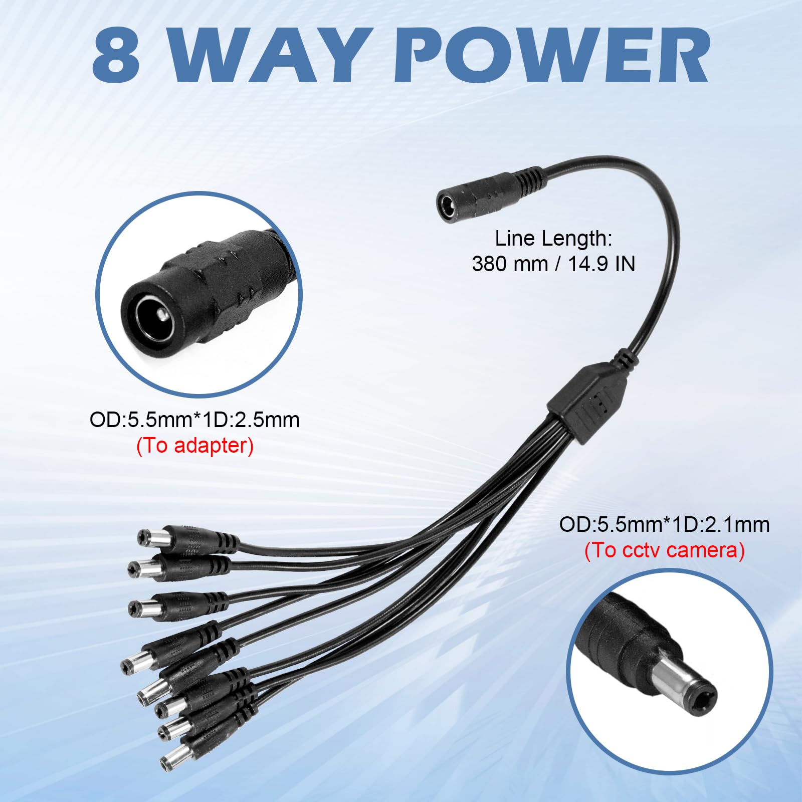 Adattatore di alimentazione per telecamera di sicurezza, 12 V, 5 A, con cavo splitter di alimentazione a 8 vie, convertitore CA/CC 100-240 V per sistema di sorveglianza CCTV DVR - Spina CC da 5,5 x