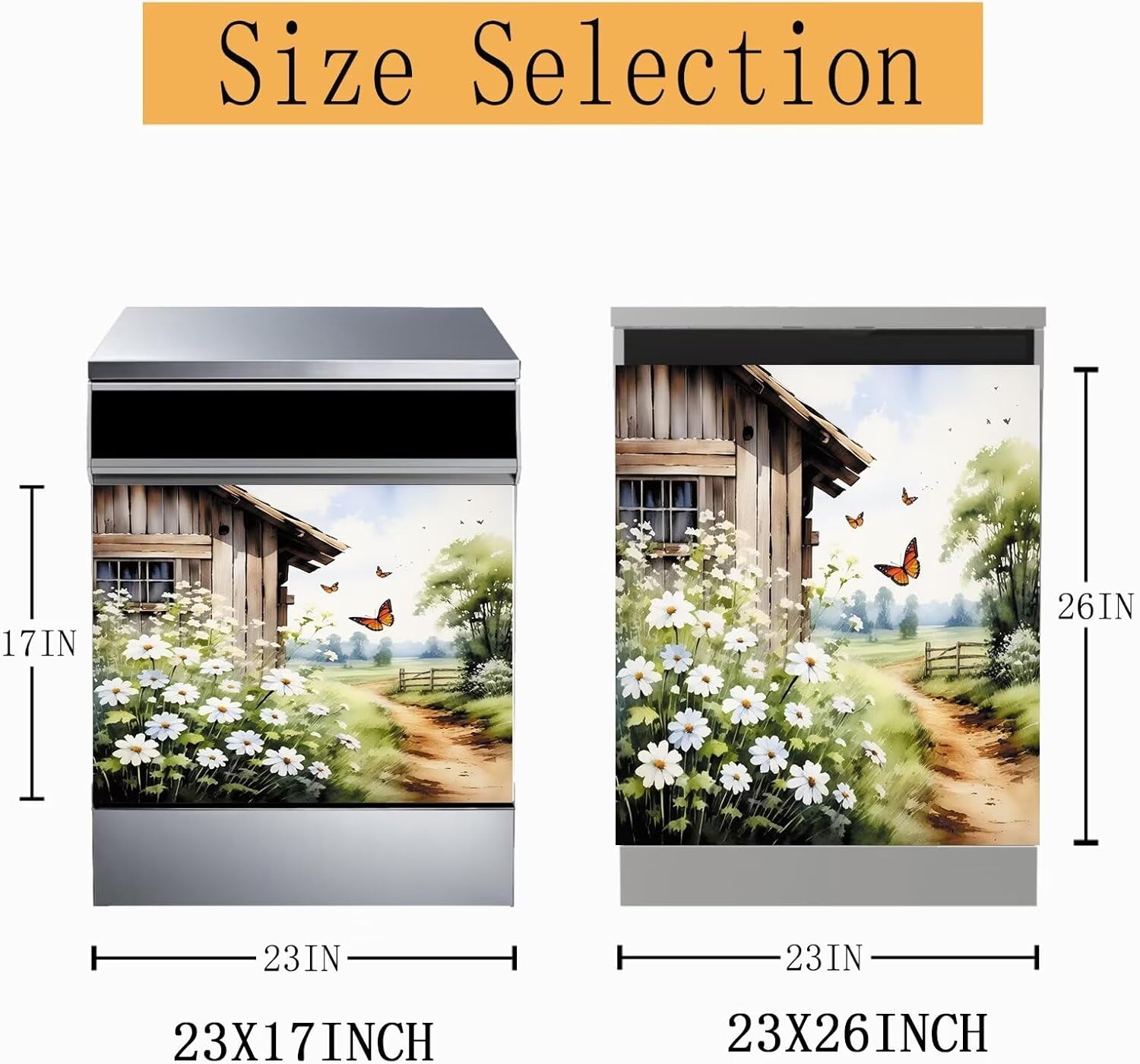 Farmhouse Landscape Dishwasher Decor,Country Barn Kitchen Decorative Refrigerator Door Sheet 23"x17" Dishwasher Cover Magnet Butterfly Sticker,Watercolor Decal