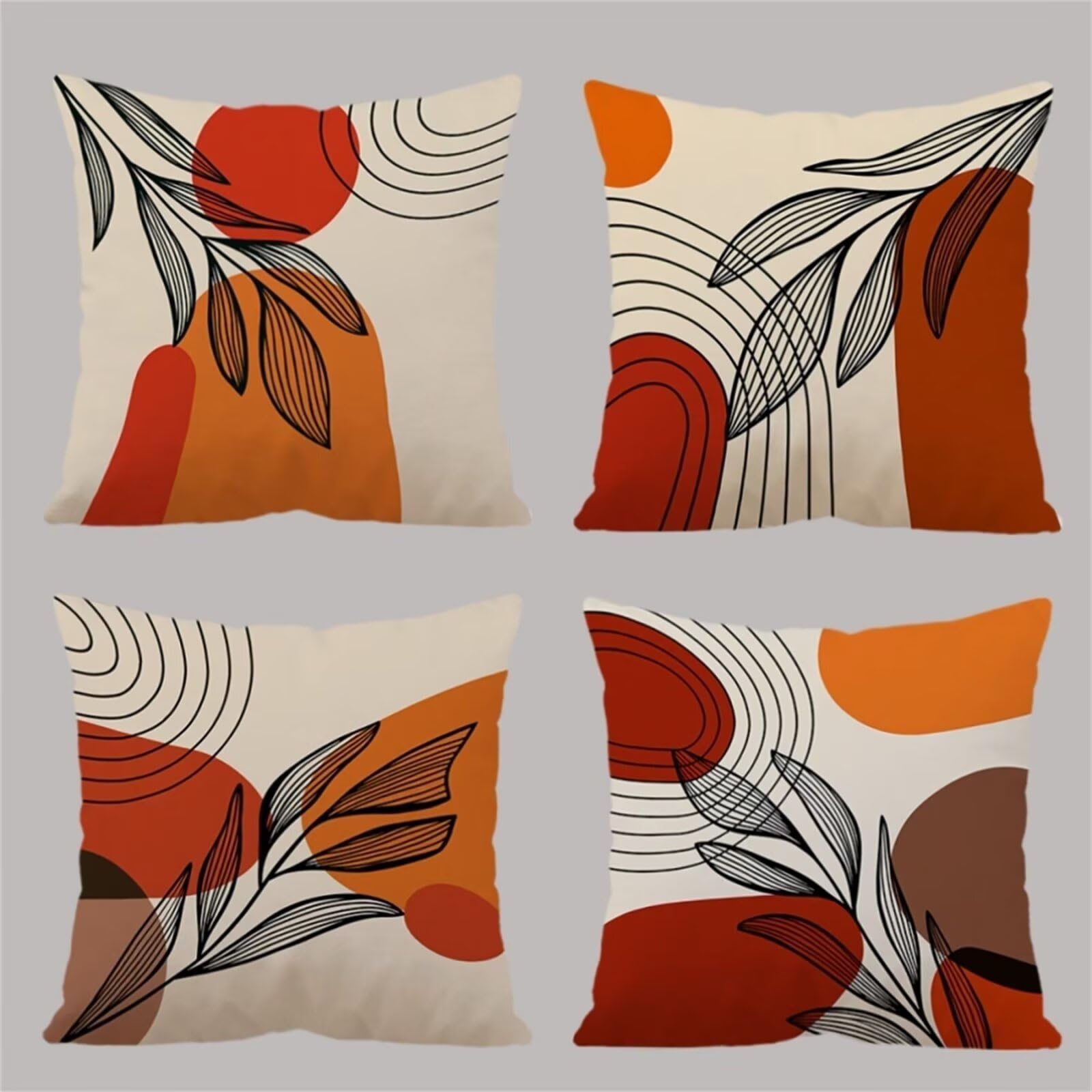QiHon Cushion Covers 60x60 cm Set of 4 Red Yellow Leaves Linen Square Pillow Cases 24x24 inch Modern Decorative Throw Pillow Covers for Sofa Couch Bedroom Home Office with Invisible Zipper