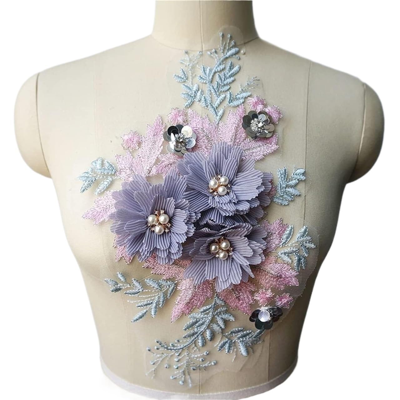 aplikacja koronkowa 3D kwiaty koraliki tkanina z koronką i kryształkami haftowane aplikacje na suknię ślubną naszywka na sukienkę DIY dekoracje(Purple)
