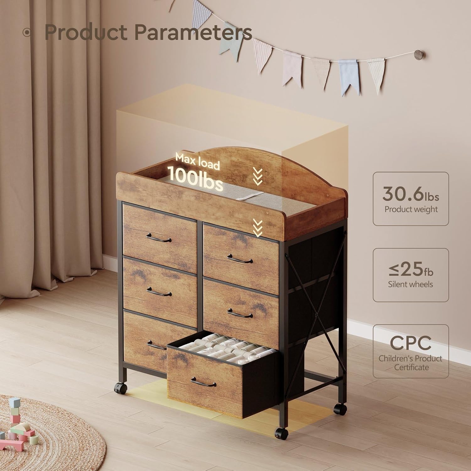 Baby Changing Table Dresser with Wheels, 6-Fabric Drawer Baby Dresser with Changing Table Top, Waterproof Diaper Changing Station & Pad, Mobile Storage Unit, Baby Furniture, Rustic Brown