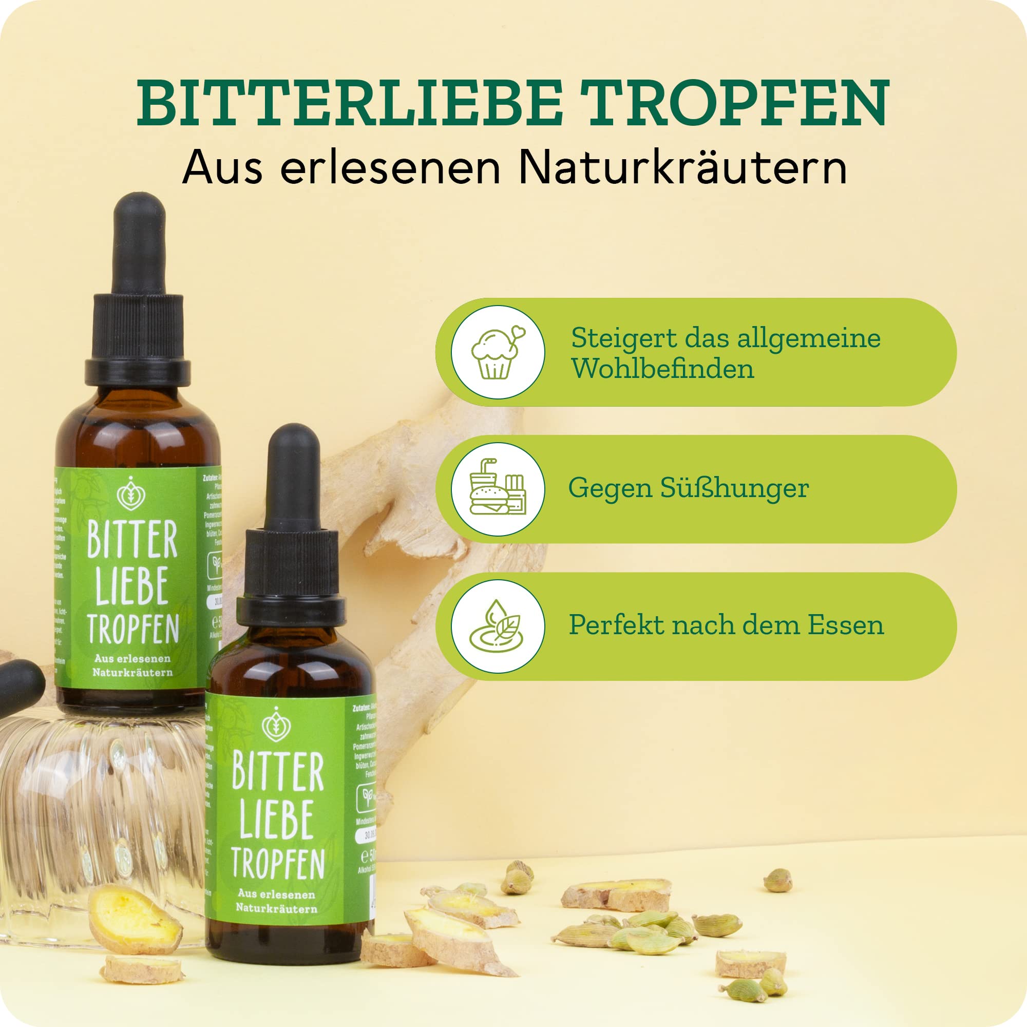 BitterLiebe® Premium Paket mit BitterLiebe Tropfen (50ml) Kapseln (90Stk.) Pulver (100g) und Kräutertee (100g) I Bitterstoffe aus Die Höhle der Löwen